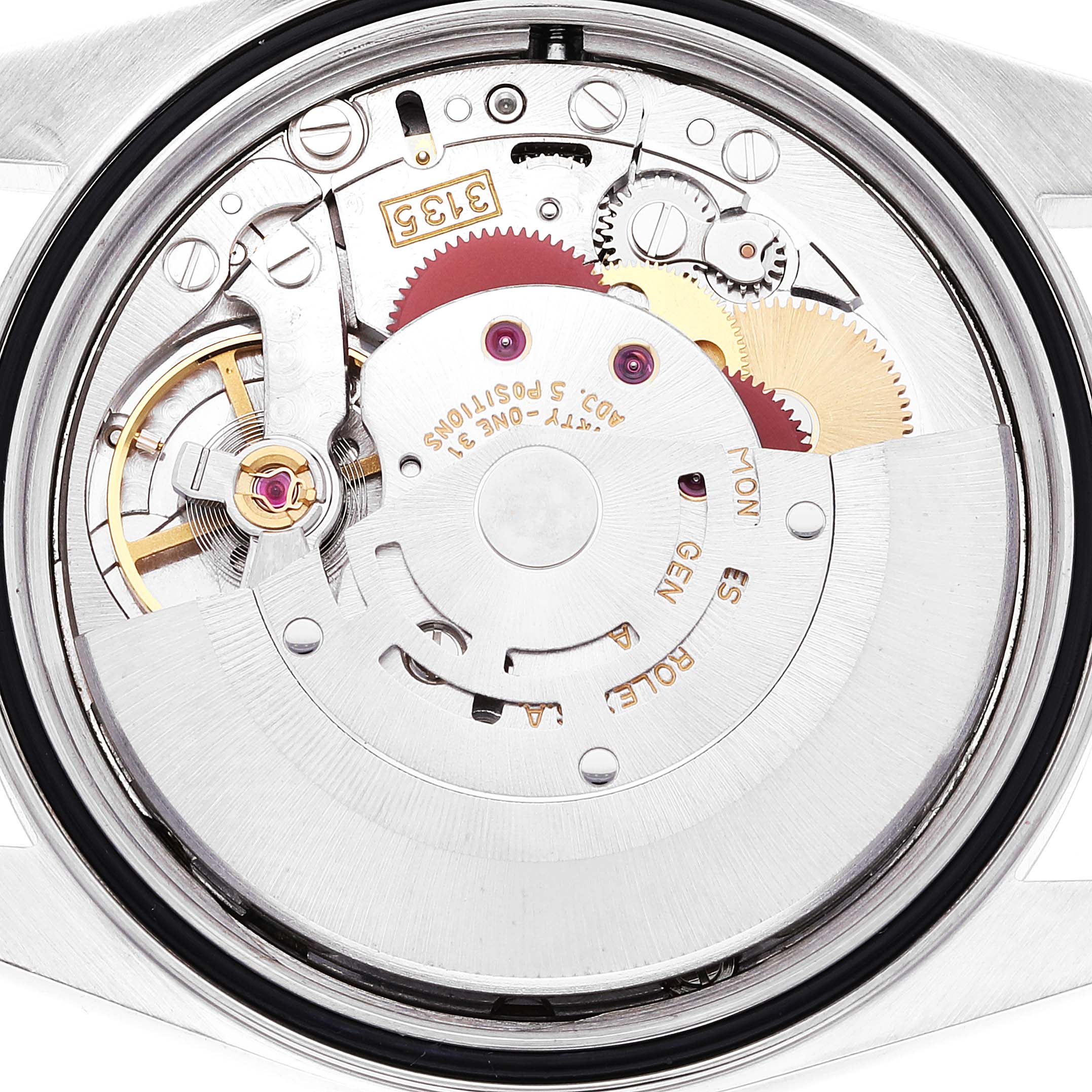 Close-up of the movement inside a Rolex Datejust 16233 Men's Steel and Gold (two tone) Champagne Dial 16233 Men's Steel and Gold (two tone) Champagne Dial, showing gears, jewels, and internal mechanisms.
