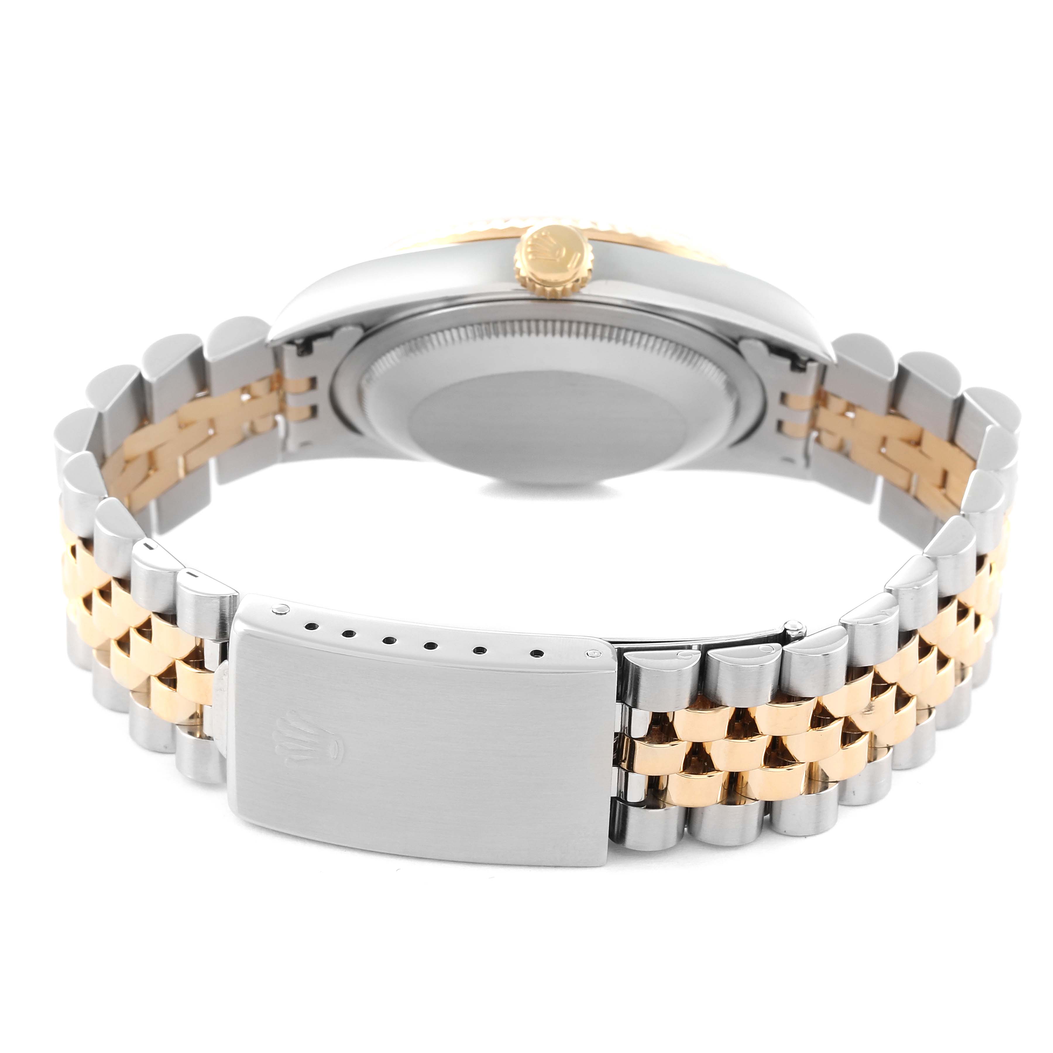 This image shows the Rolex Datejust 16233 Men's Steel and Gold (two tone) Champagne Dial 16233 Men's Steel and Gold (two tone) Champagne Dial watch from the back, highlighting the two-tone bracelet and crown.