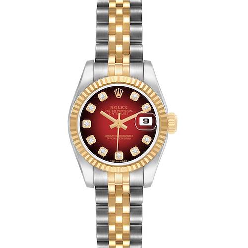 The Rolex Datejust 179173 Women's Steel and Gold (two tone) Red Dial watch is shown from a front angle, displaying its dial, bezel, hands, bracelet, and date window.