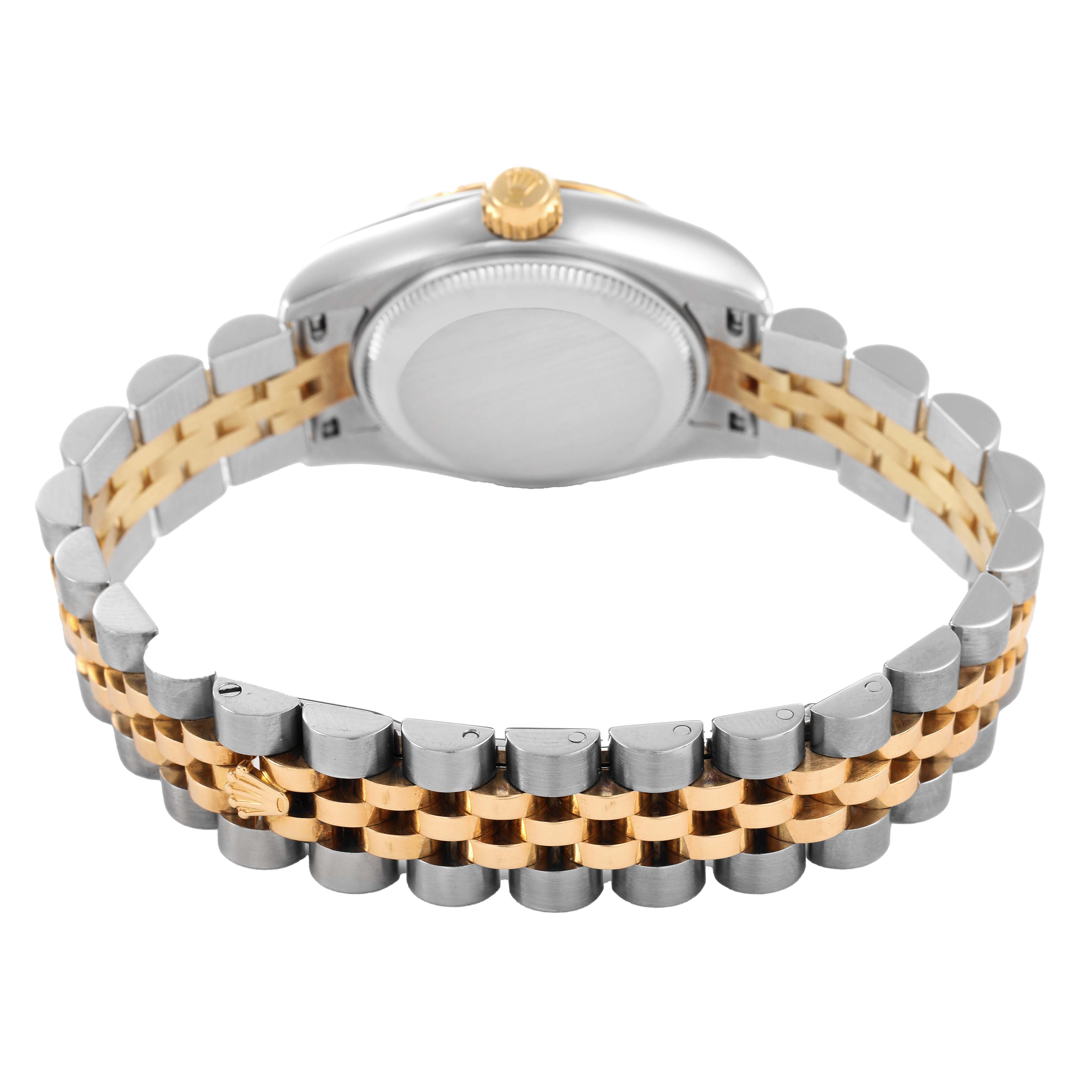 The image shows the back of a Rolex Datejust 179173 Women's Steel and Gold (two tone) Red Dial watch, focusing on the silver and gold Jubilee bracelet and case back.