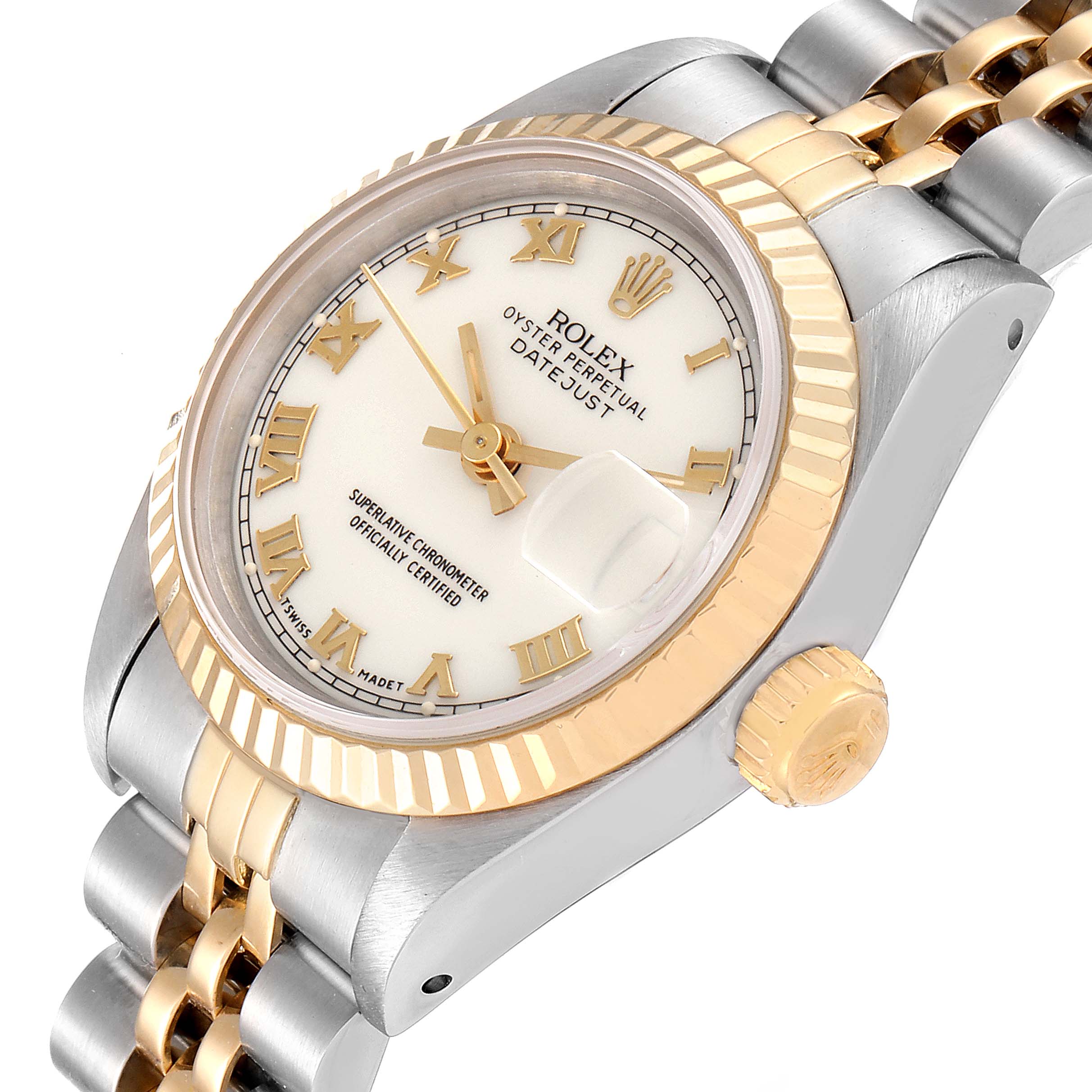 The image shows a Rolex Datejust 69173 Women's Steel and Gold (two tone) White Dial 69173 Women's Steel and Gold (two tone) White Dial watch at an oblique angle, highlighting the face, bezel, crown, and part of the bracelet.
