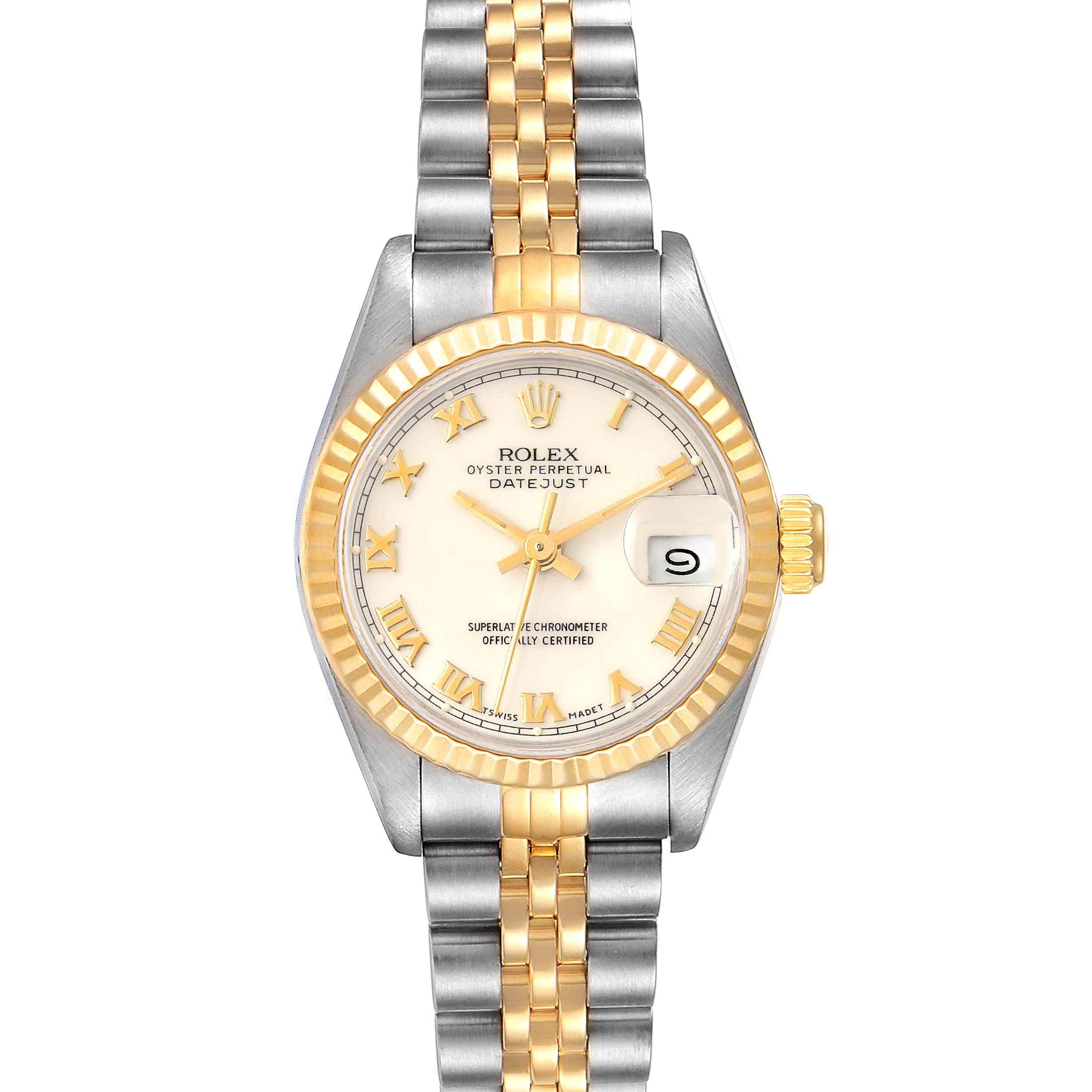This image shows a front view of the Rolex Datejust 69173 Women's Steel and Gold (two tone) White Dial 69173 Women's Steel and Gold (two tone) White Dial, featuring the dial, bezel, and Jubilee bracelet.
