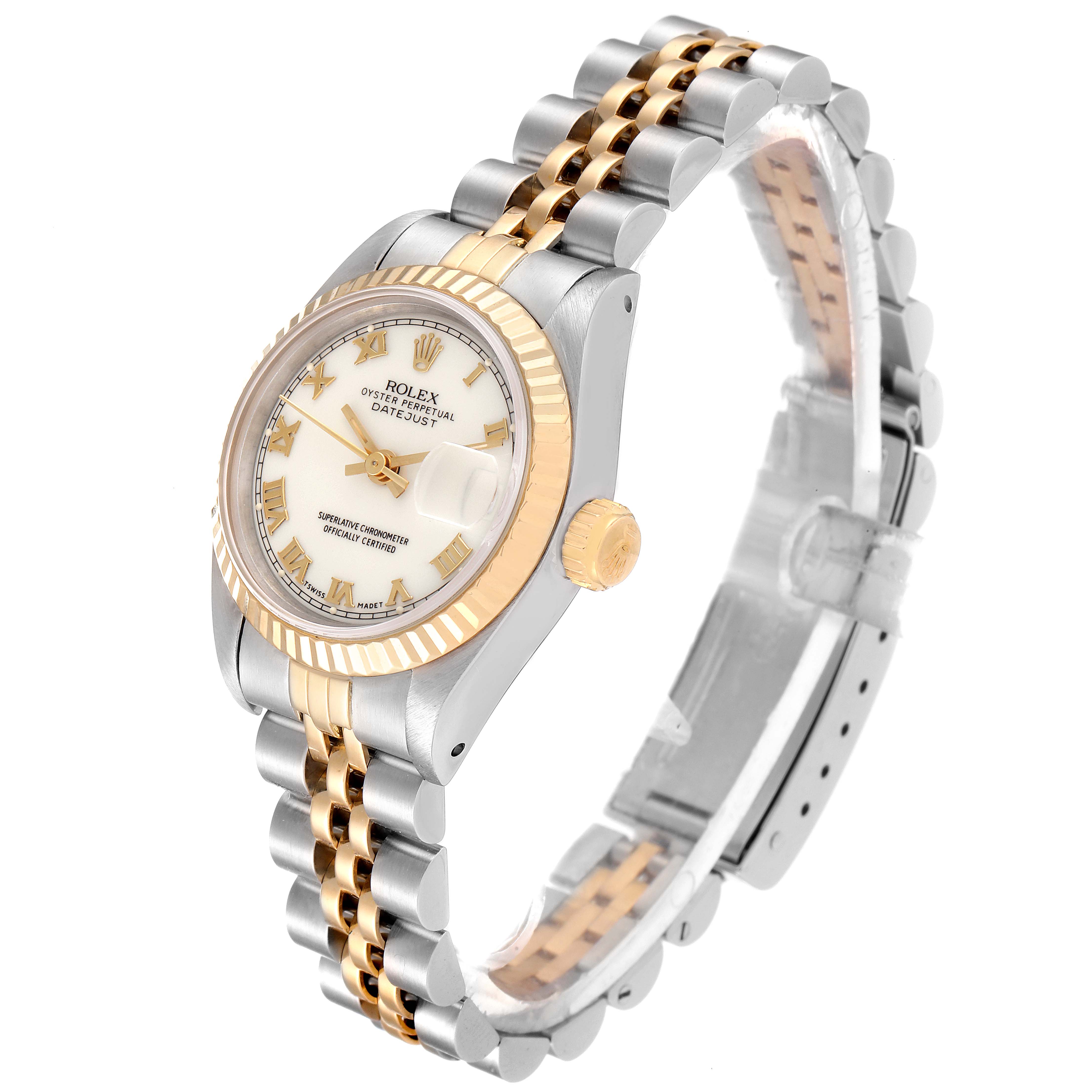 The image shows a Rolex Datejust 69173 Women's Steel and Gold (two tone) White Dial 69173 Women's Steel and Gold (two tone) White Dial watch from an angle showcasing its face, fluted bezel, crown, and two-tone bracelet.