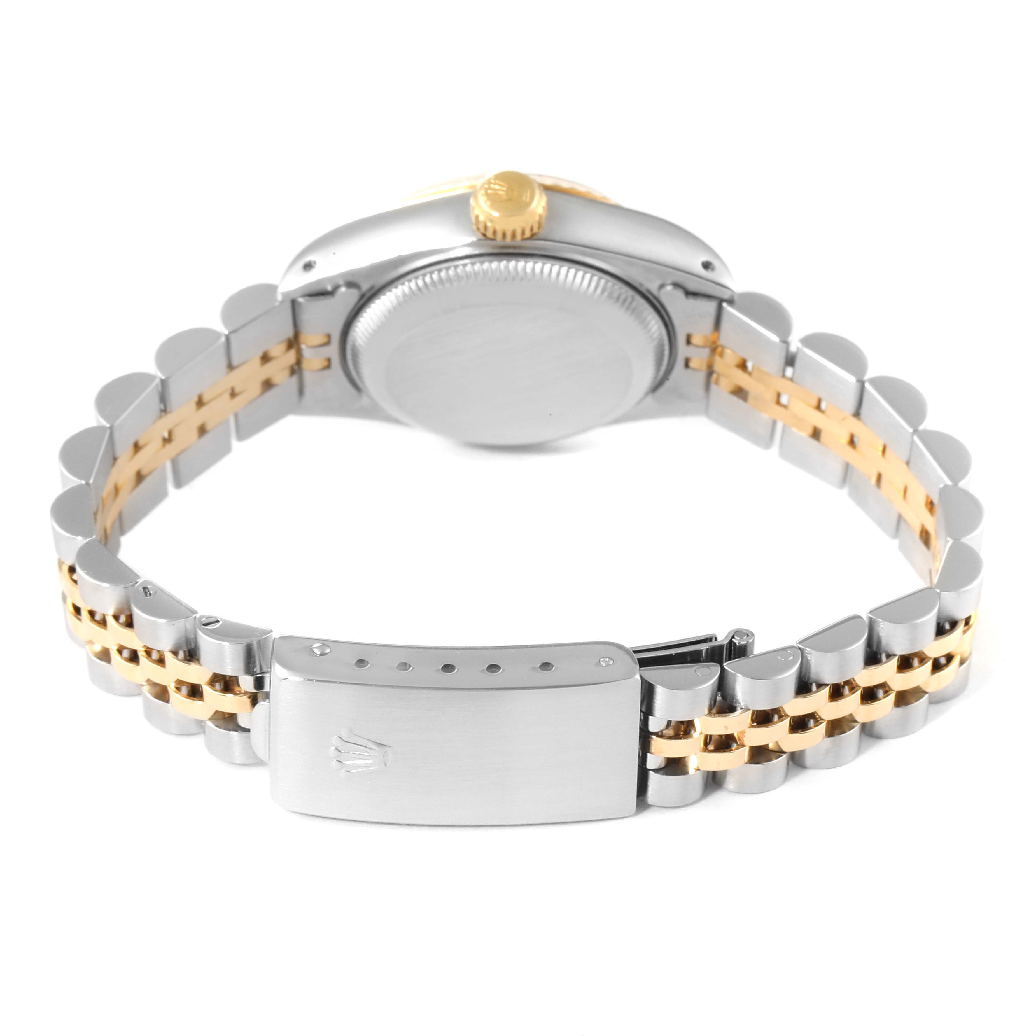The image shows the back of a Rolex Datejust 69173 Women's Steel and Gold (two tone) White Dial 69173 Women's Steel and Gold (two tone) White Dial watch, featuring its case, crown, jubilee bracelet, and clasp.