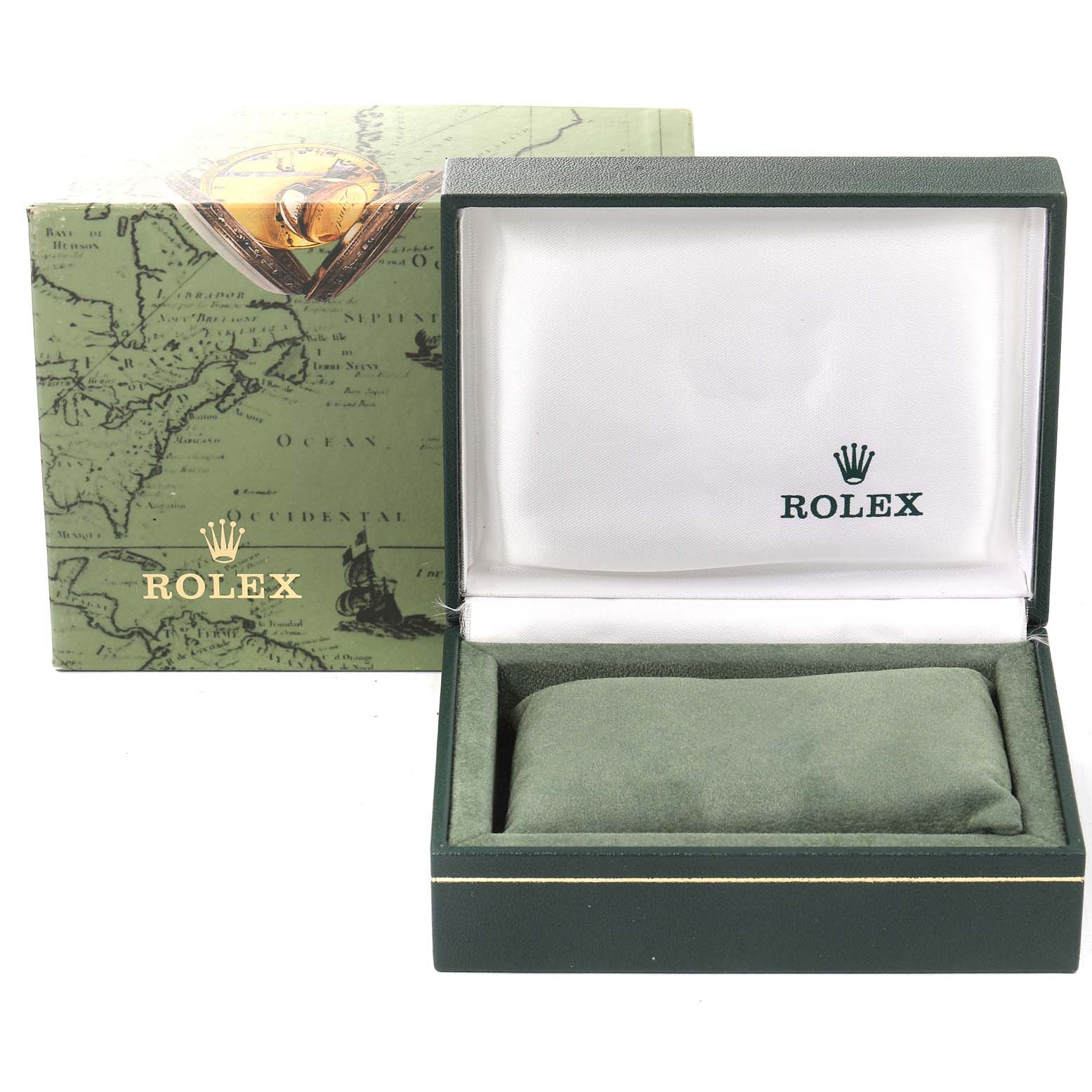 The image shows an open Rolex Datejust 69173 Women's Steel and Gold (two tone) White Dial 69173 Women's Steel and Gold (two tone) White Dial watch box and an outer box with Rolex branding and a map design.