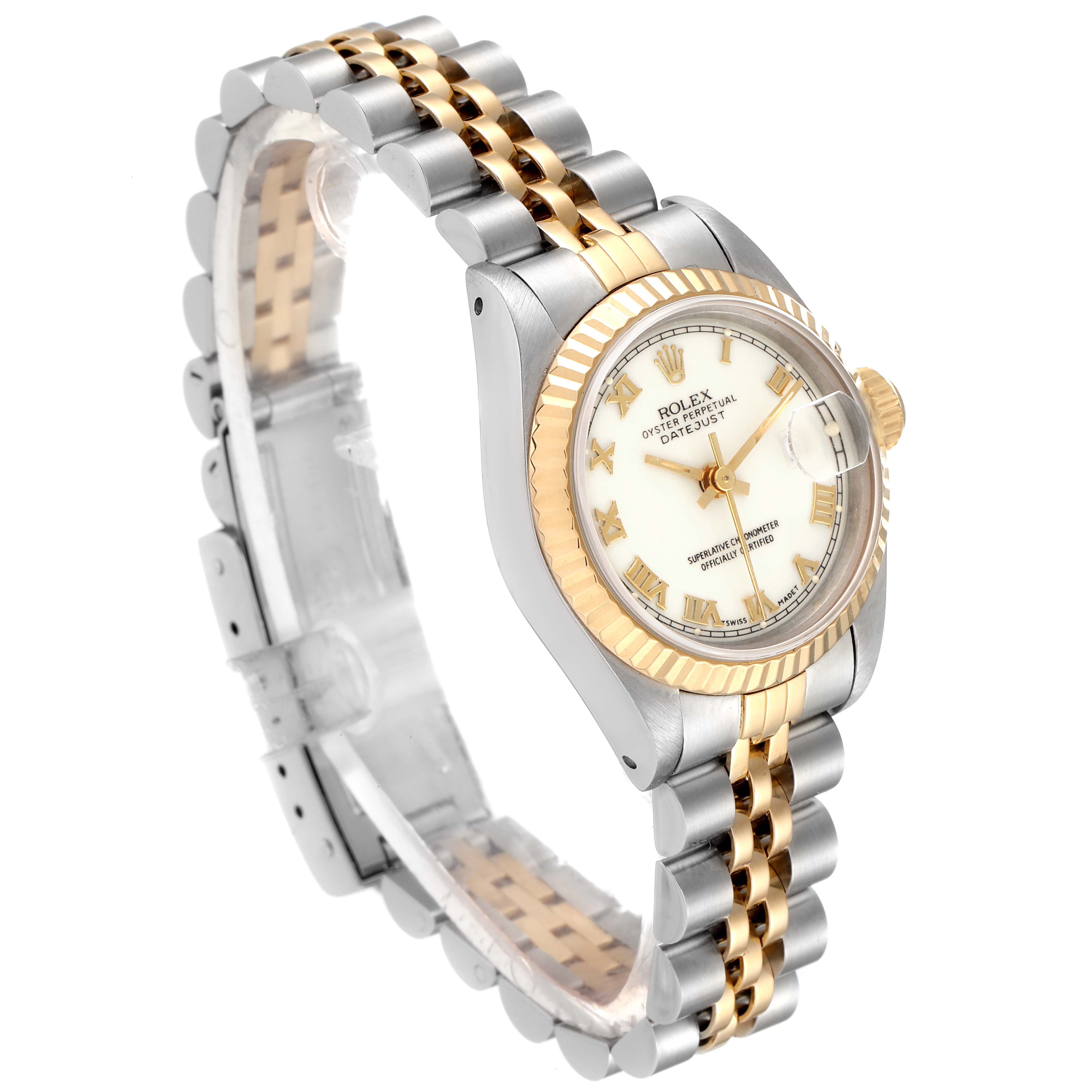 The image shows a Rolex Datejust 69173 Women's Steel and Gold (two tone) White Dial 69173 Women's Steel and Gold (two tone) White Dial watch at a slight angle, revealing the face, bezel, and two-tone bracelet.