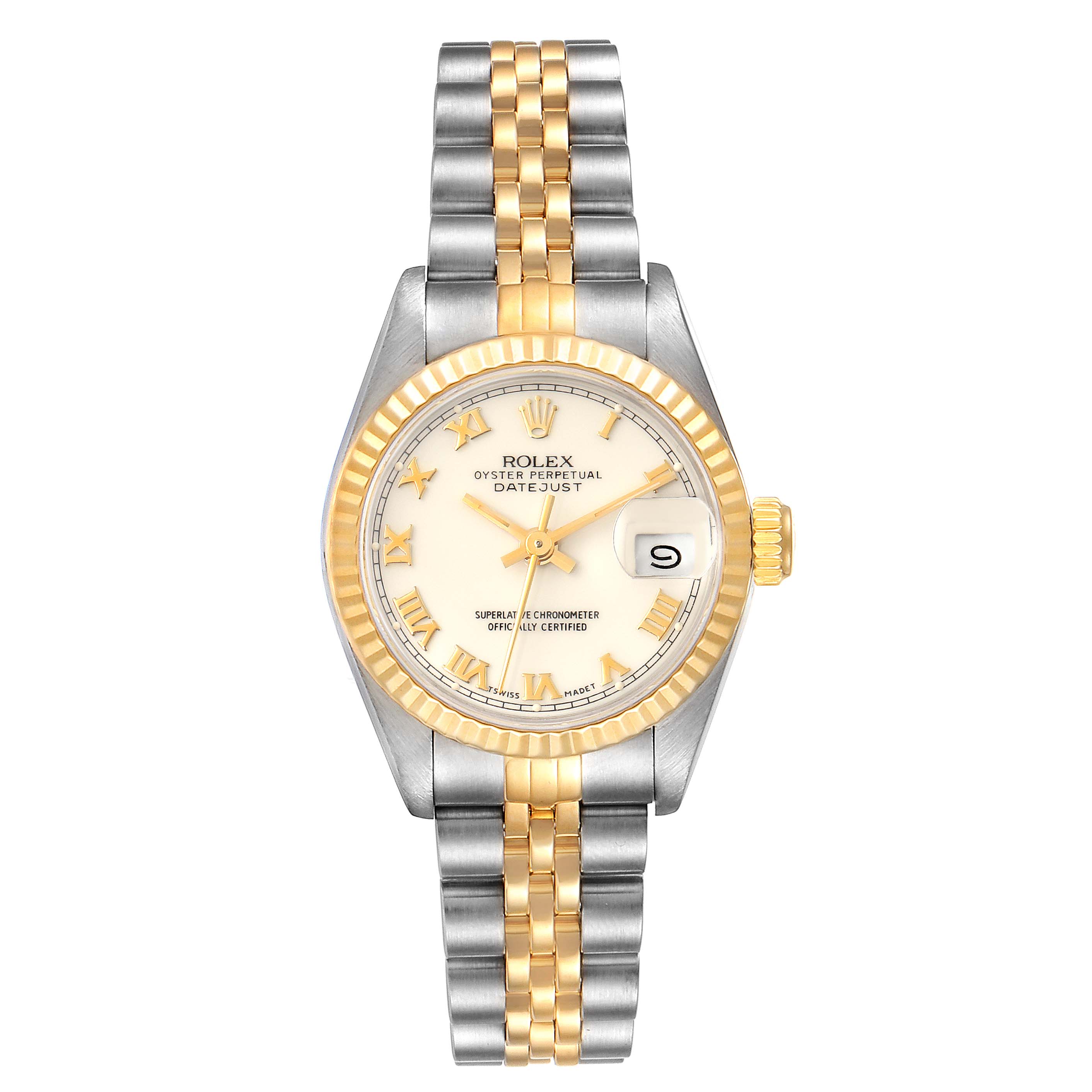 This image shows a front view of a Rolex Datejust 69173 Women's Steel and Gold (two tone) White Dial 69173 Women's Steel and Gold (two tone) White Dial watch, including the dial, bezel, and two-tone bracelet.