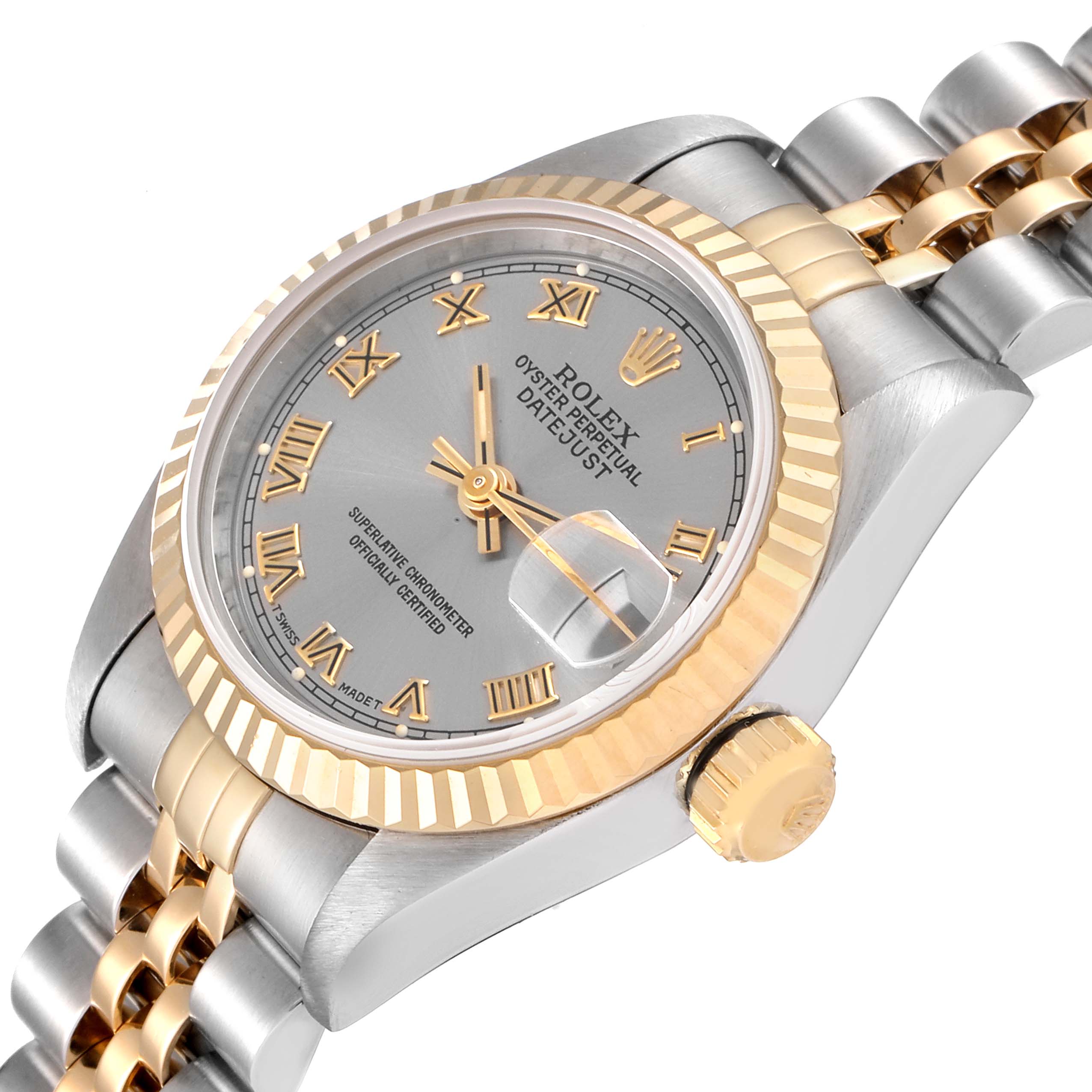 The image shows a Rolex Datejust 69173 Women
s Steel and Gold (two tone) Grey Dial 69173 Women
s Steel and Gold (two tone) Grey Dial watch at an angled close-up, highlighting the dial, bezel, crown, and part of the bracelet.