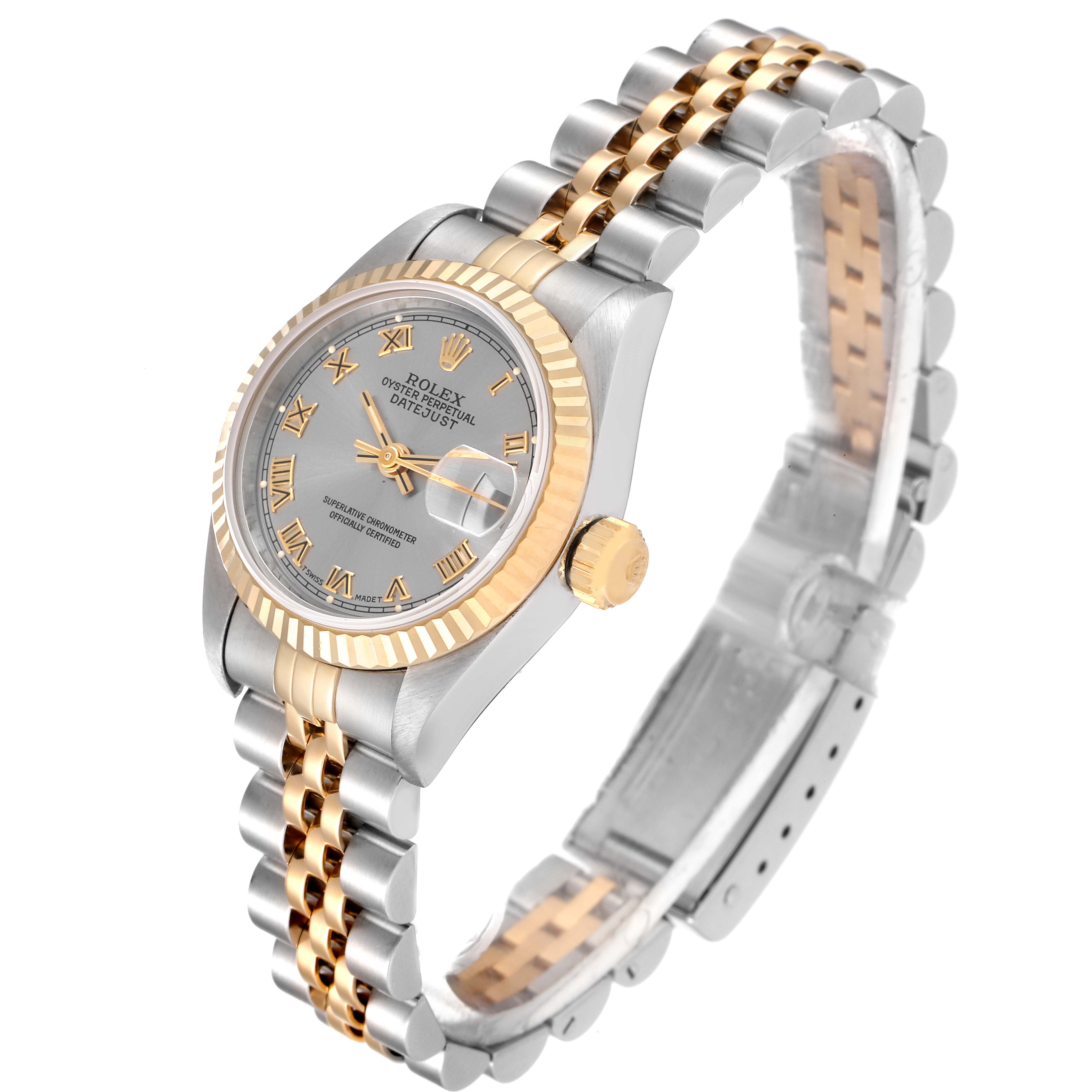The image shows a side angle of the Rolex Datejust 69173 Women
s Steel and Gold (two tone) Grey Dial 69173 Women
s Steel and Gold (two tone) Grey Dial watch, highlighting its two-tone bracelet, fluted bezel, and dial.