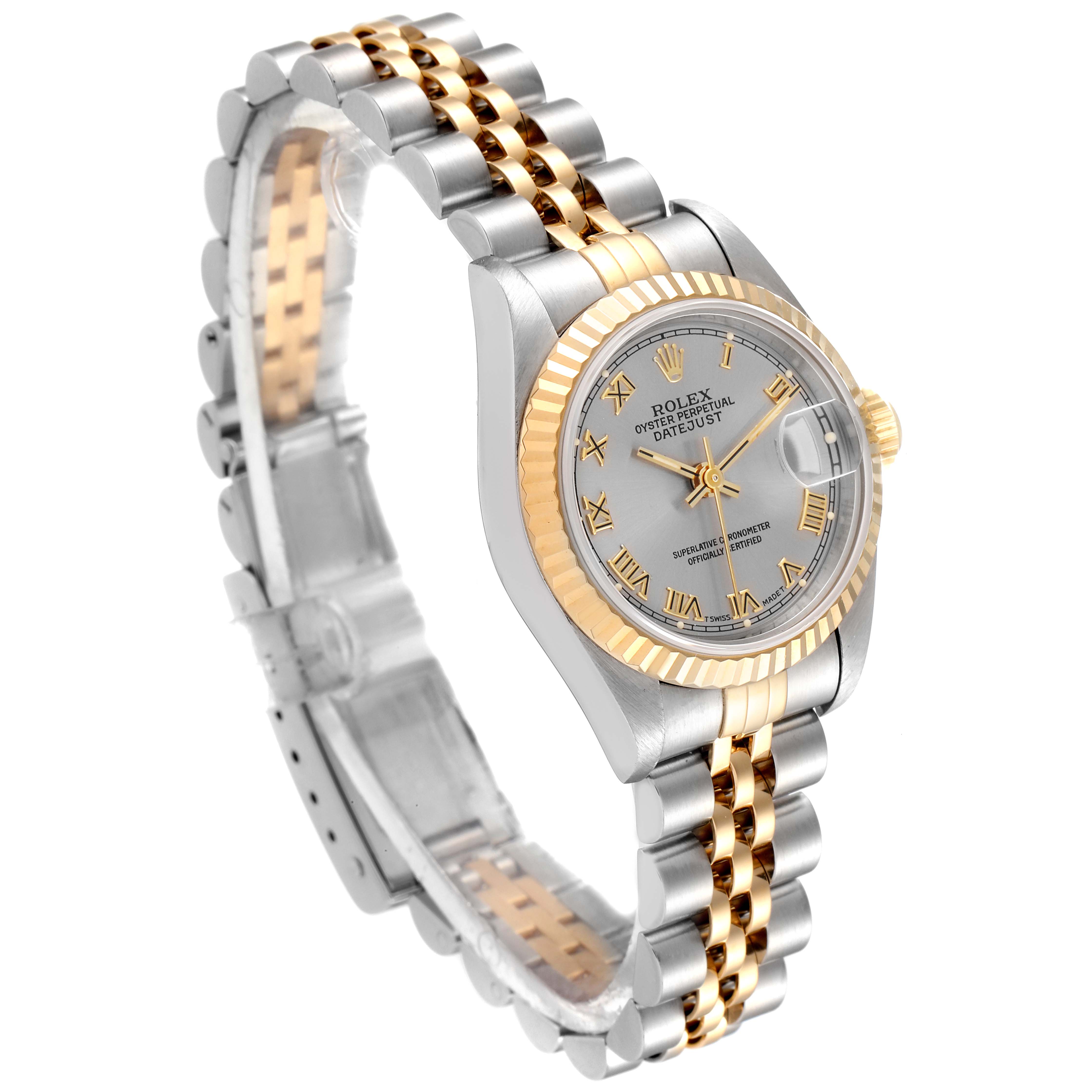 This Rolex Datejust 69173 Women
s Steel and Gold (two tone) Grey Dial 69173 Women
s Steel and Gold (two tone) Grey Dial watch is shown at an angle displaying its face, bezel, and two-tone jubilee bracelet.