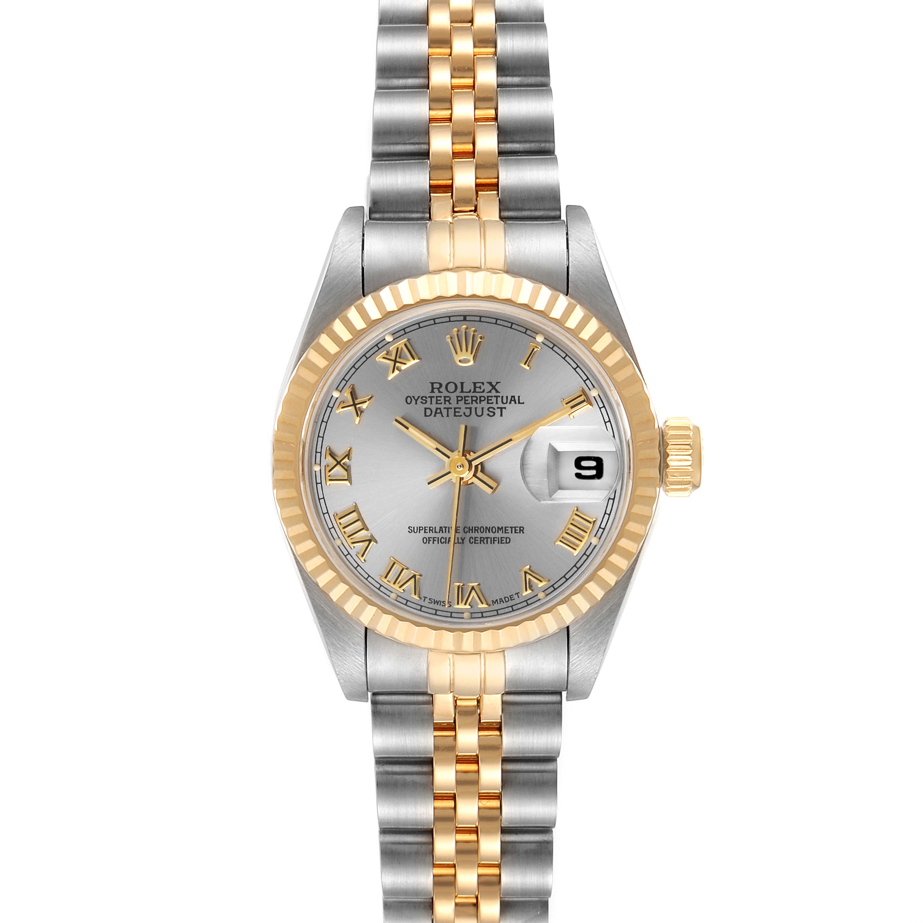 This image shows the Rolex Datejust 69173 Women
s Steel and Gold (two tone) Grey Dial 69173 Women
s Steel and Gold (two tone) Grey Dial watch with a silver dial, gold fluted bezel, Roman numeral markers, and a two-tone bracelet.