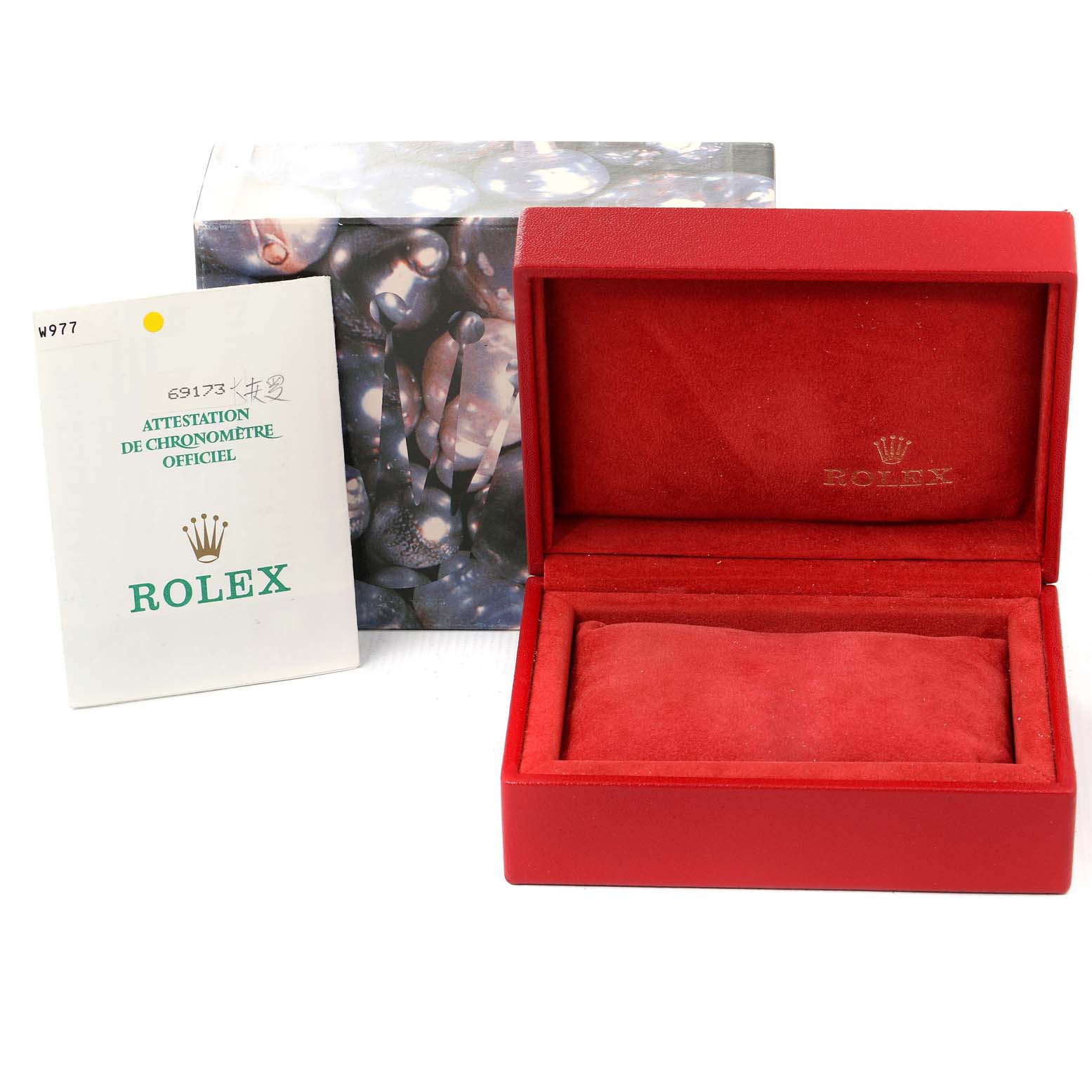 The image shows a Rolex Datejust 69173 Women
s Steel and Gold (two tone) Grey Dial 69173 Women
s Steel and Gold (two tone) Grey Dial watch box with a warranty card and an outer decorative box.