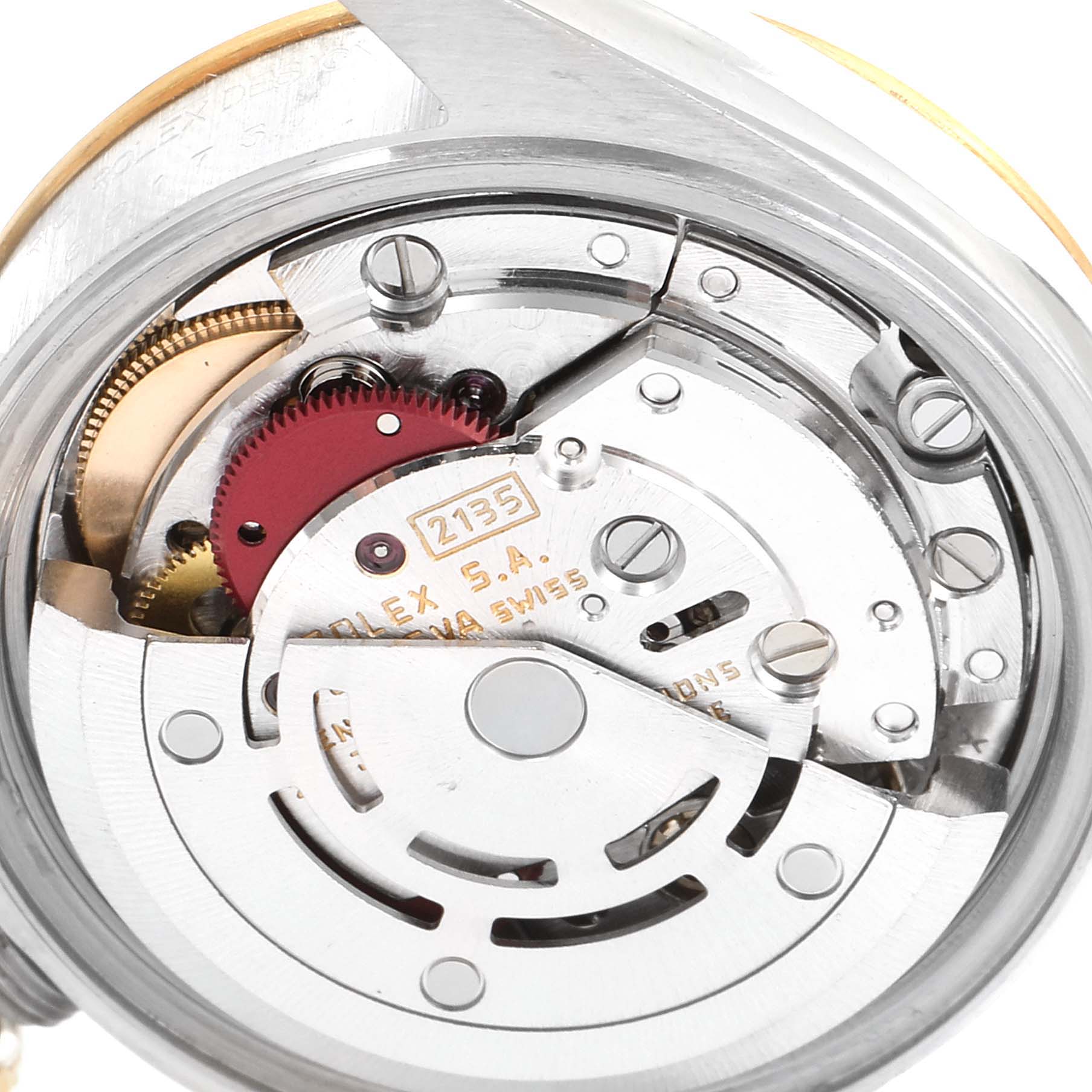 This close-up image shows the mechanical movement parts of a Rolex Datejust 69173 Women
s Steel and Gold (two tone) Grey Dial 69173 Women
s Steel and Gold (two tone) Grey Dial watch.