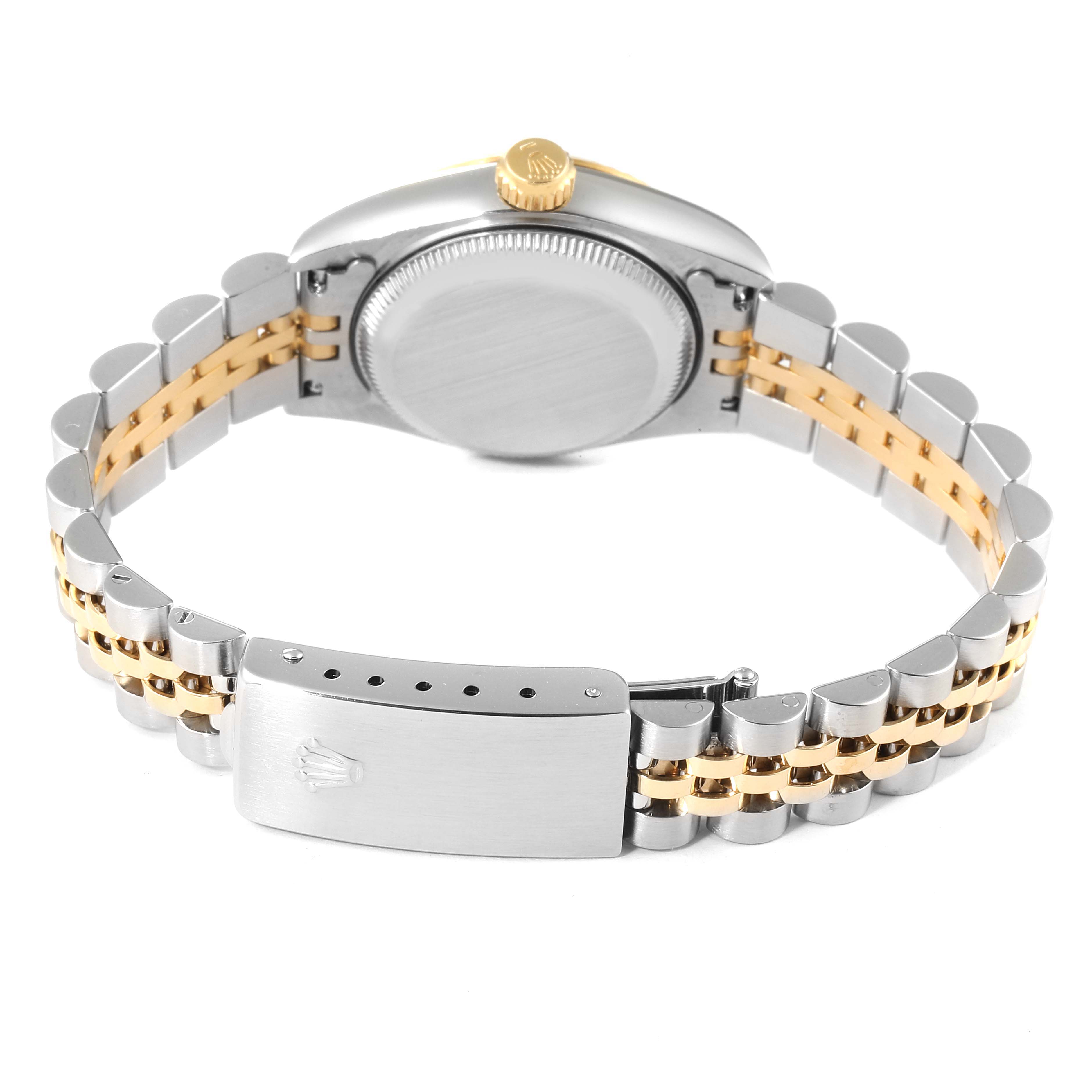 The image shows the back view of a Rolex Datejust 69173 Women
s Steel and Gold (two tone) Grey Dial 69173 Women
s Steel and Gold (two tone) Grey Dial watch, highlighting the clasp, bracelet, and case back.