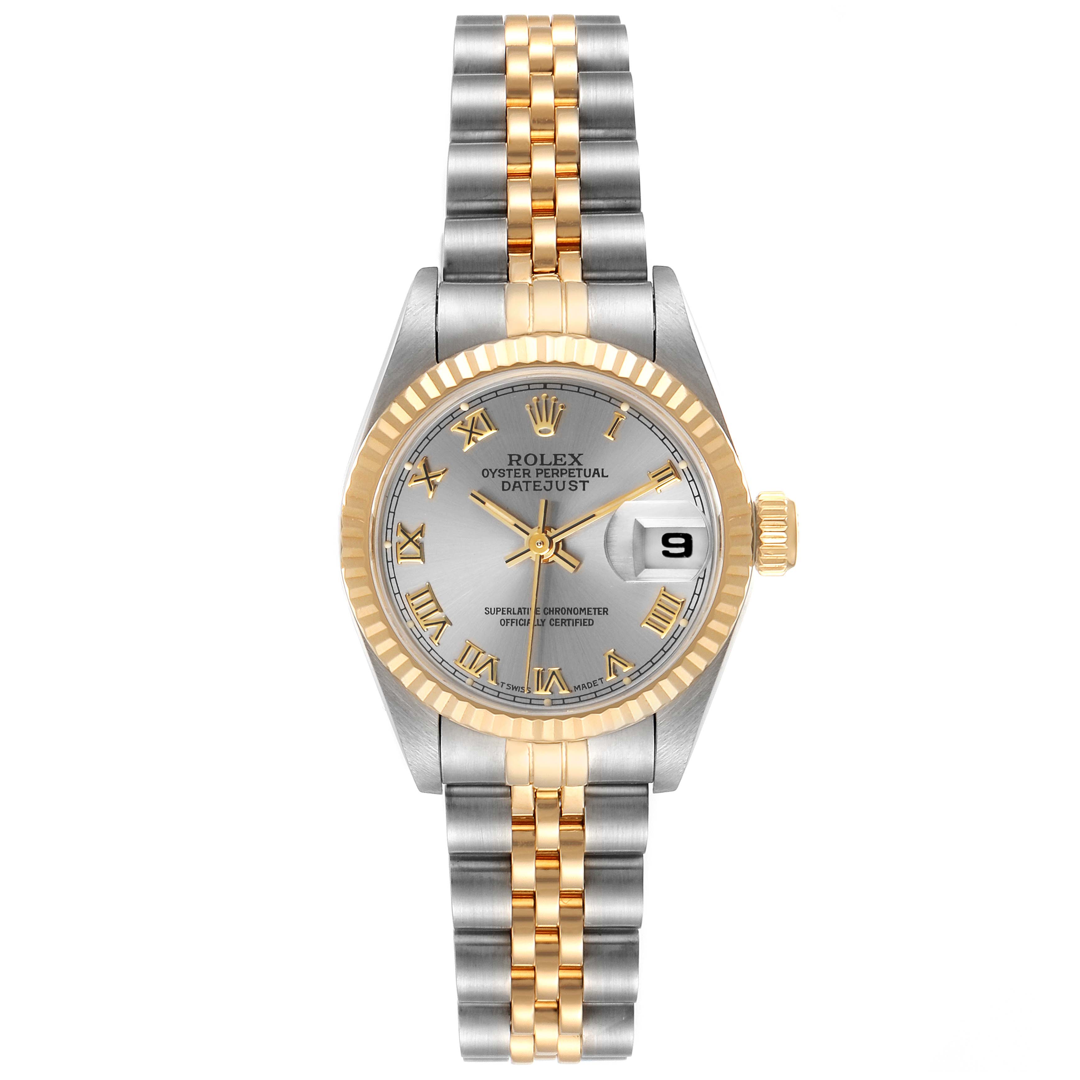 The image shows a top view of a Rolex Datejust 69173 Women
s Steel and Gold (two tone) Grey Dial 69173 Women
s Steel and Gold (two tone) Grey Dial watch displaying its face, dial, and two-tone bracelet.