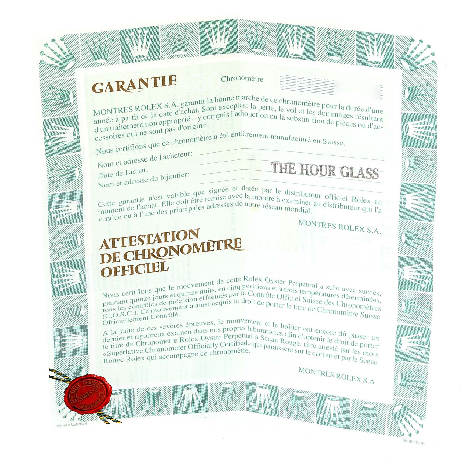 This image shows a Rolex Datejust 69173 Women
s Steel and Gold (two tone) Grey Dial 69173 Women
s Steel and Gold (two tone) Grey Dial guarantee and chronometer certificate document with the brand
s logo and a red seal.