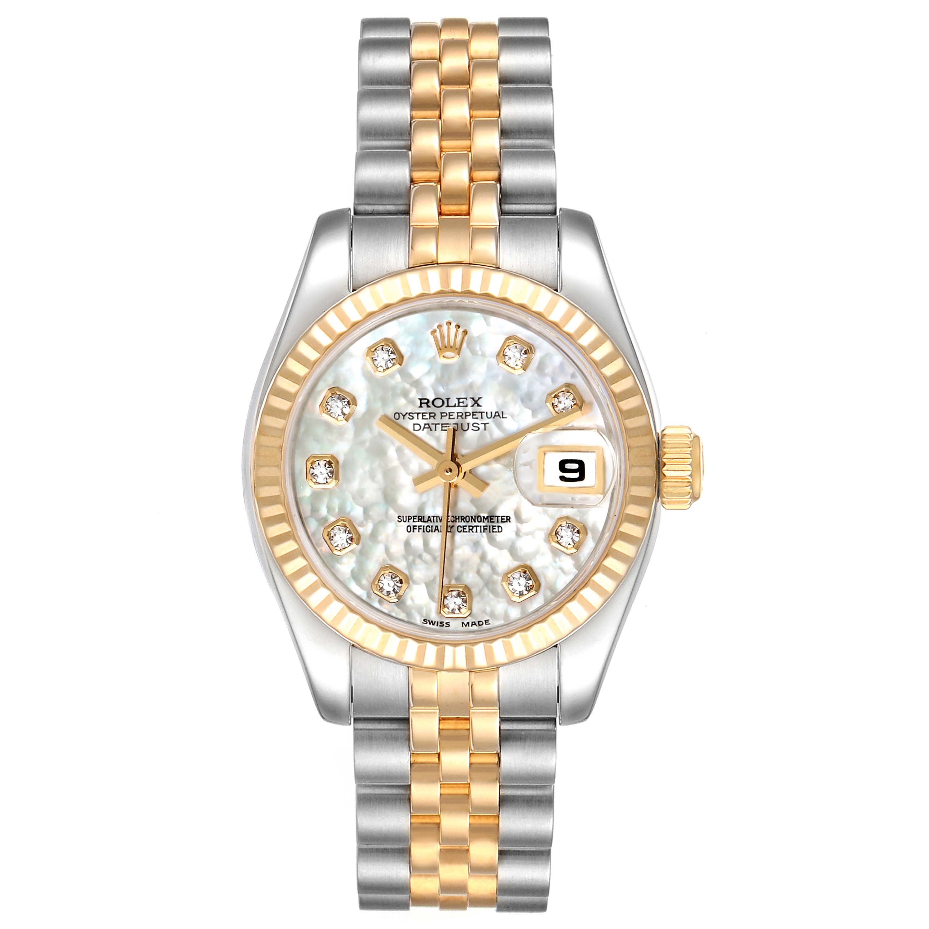 The image shows a Rolex Datejust 179173 Women's Steel and Gold (two tone) Mother of Pearl Dial 179173 Women's Steel and Gold (two tone) Mother of Pearl Dial watch from a top-down angle, featuring a two-tone bracelet and a diamond-studded mother-of-pearl dial.
