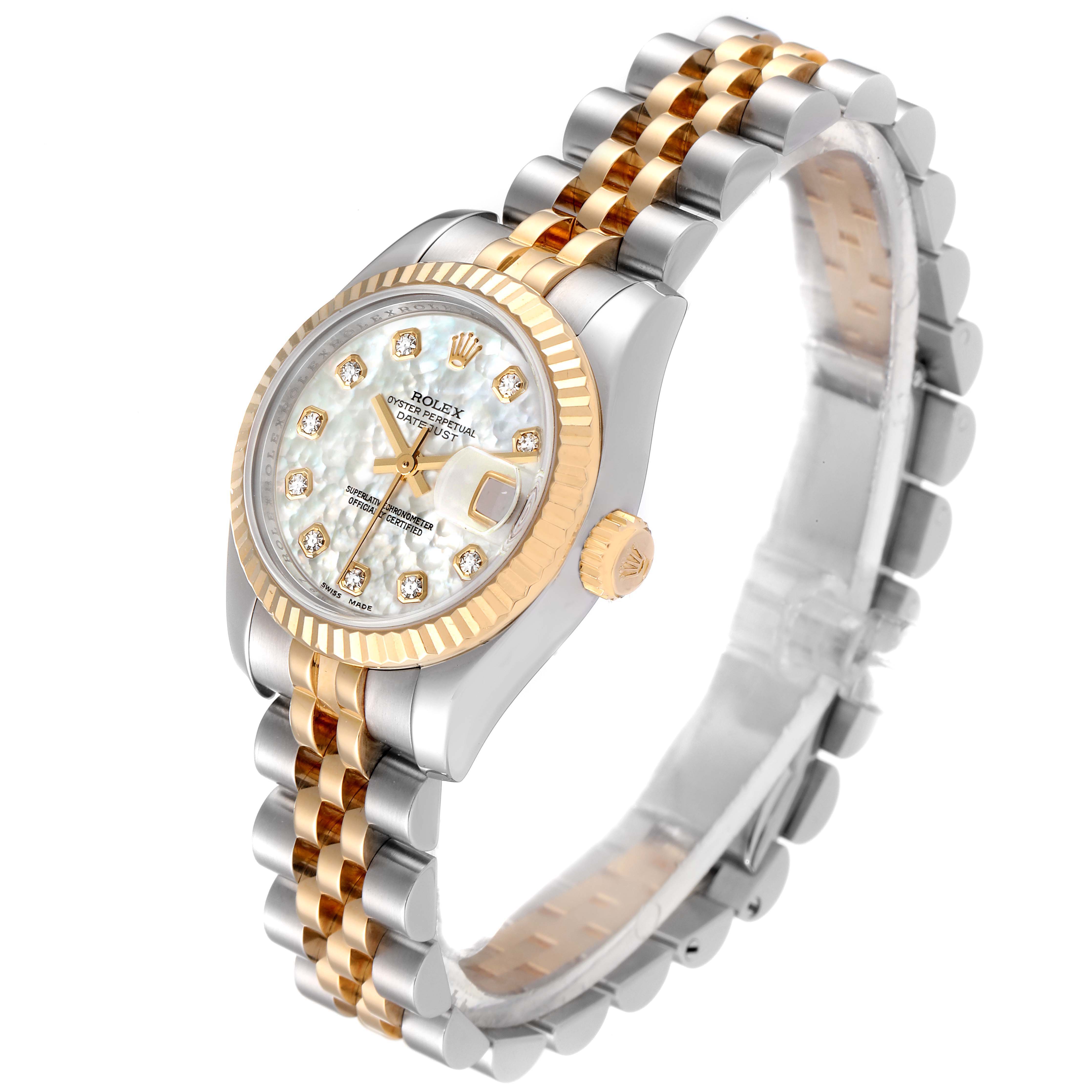 This Rolex Datejust 179173 Women's Steel and Gold (two tone) Mother of Pearl Dial 179173 Women's Steel and Gold (two tone) Mother of Pearl Dial watch is shown at a three-quarter angle, highlighting the dial, bezel, crown, and two-tone bracelet.