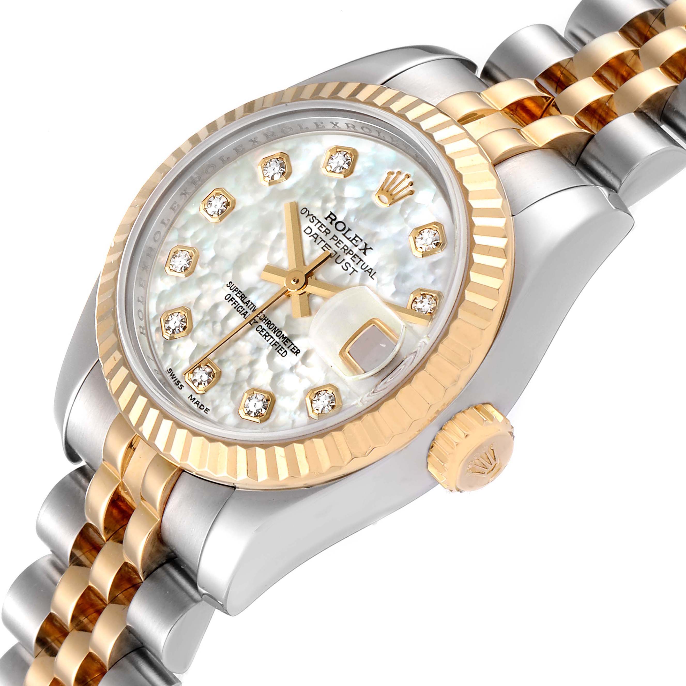 This image shows a close-up angled side view of a Rolex Datejust 179173 Women's Steel and Gold (two tone) Mother of Pearl Dial 179173 Women's Steel and Gold (two tone) Mother of Pearl Dial watch, highlighting the dial, bracelet, and crown.