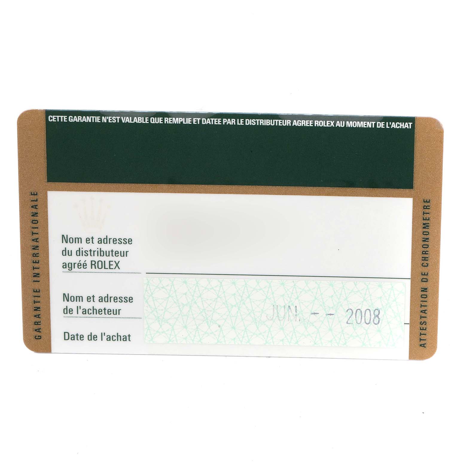 This is a close-up image of the warranty card for a Rolex Datejust 179173 Women's Steel and Gold (two tone) Mother of Pearl Dial 179173 Women's Steel and Gold (two tone) Mother of Pearl Dial watch.