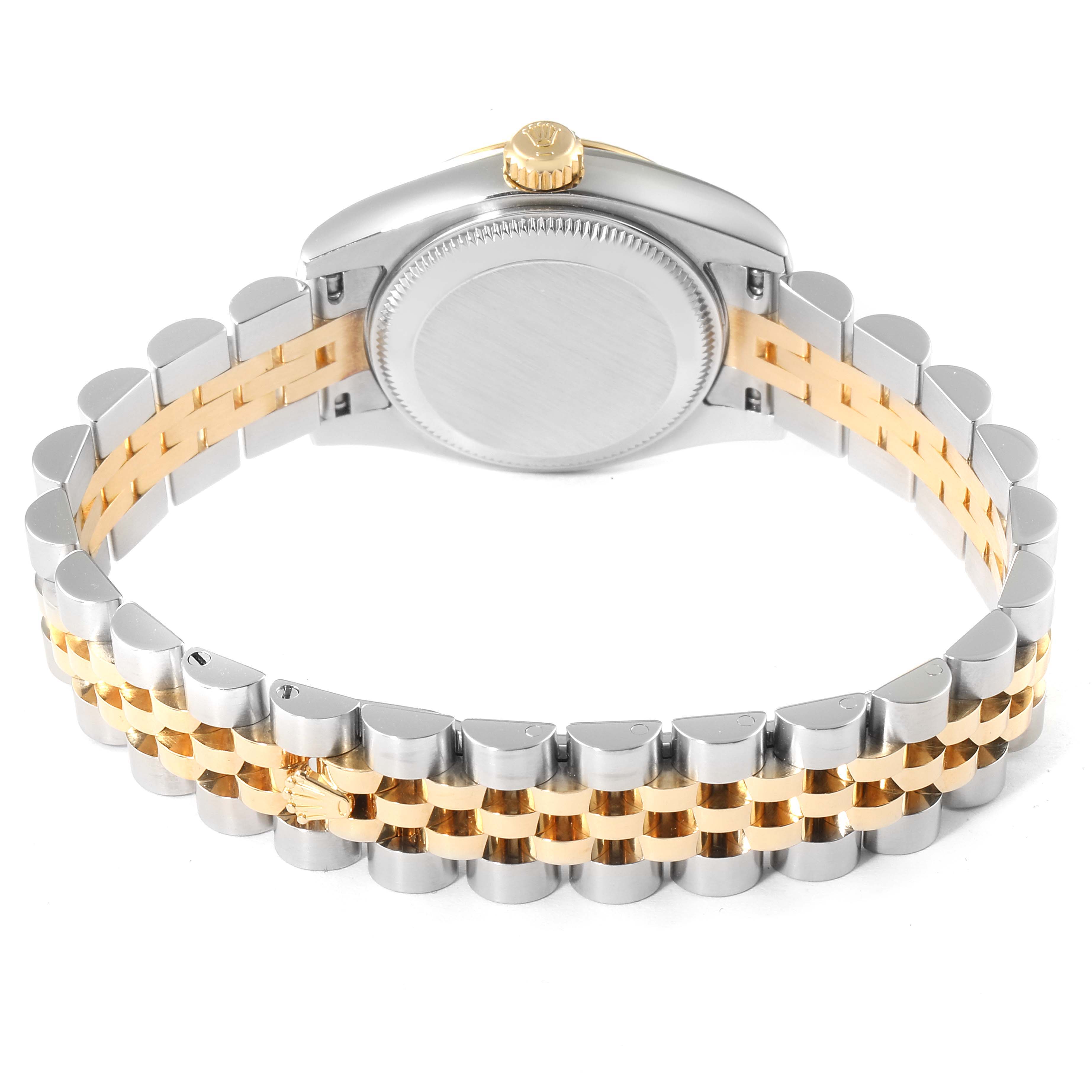The image shows the back view of a Rolex Datejust 179173 Women's Steel and Gold (two tone) Mother of Pearl Dial 179173 Women's Steel and Gold (two tone) Mother of Pearl Dial watch, highlighting its two-tone bracelet and case back.