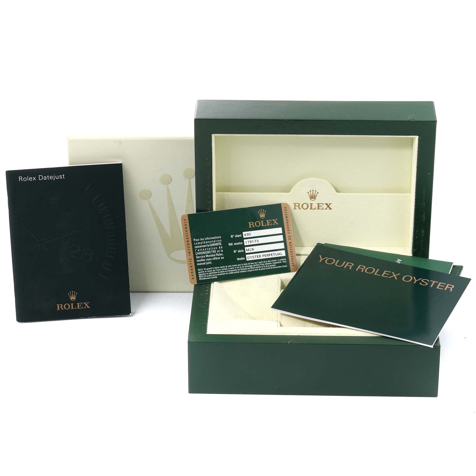 The image shows the outer box, warranty card, booklets, and inner presentation box for the Rolex Datejust 179173 Women's Steel and Gold (two tone) Mother of Pearl Dial 179173 Women's Steel and Gold (two tone) Mother of Pearl Dial model.