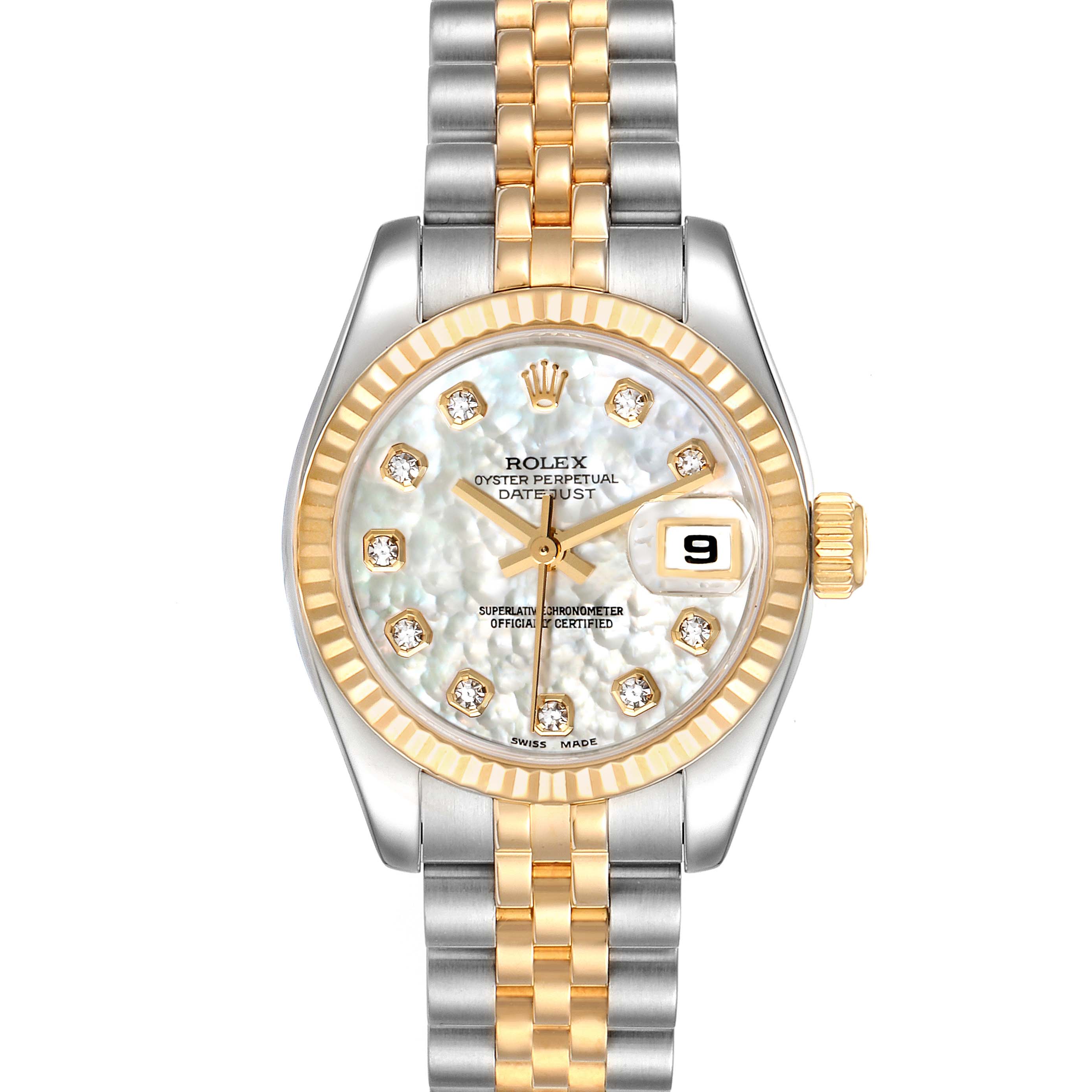 This image shows a front view of a Rolex Datejust 179173 Women's Steel and Gold (two tone) Mother of Pearl Dial 179173 Women's Steel and Gold (two tone) Mother of Pearl Dial watch, highlighting its dial, bezel, crown, and bracelet.