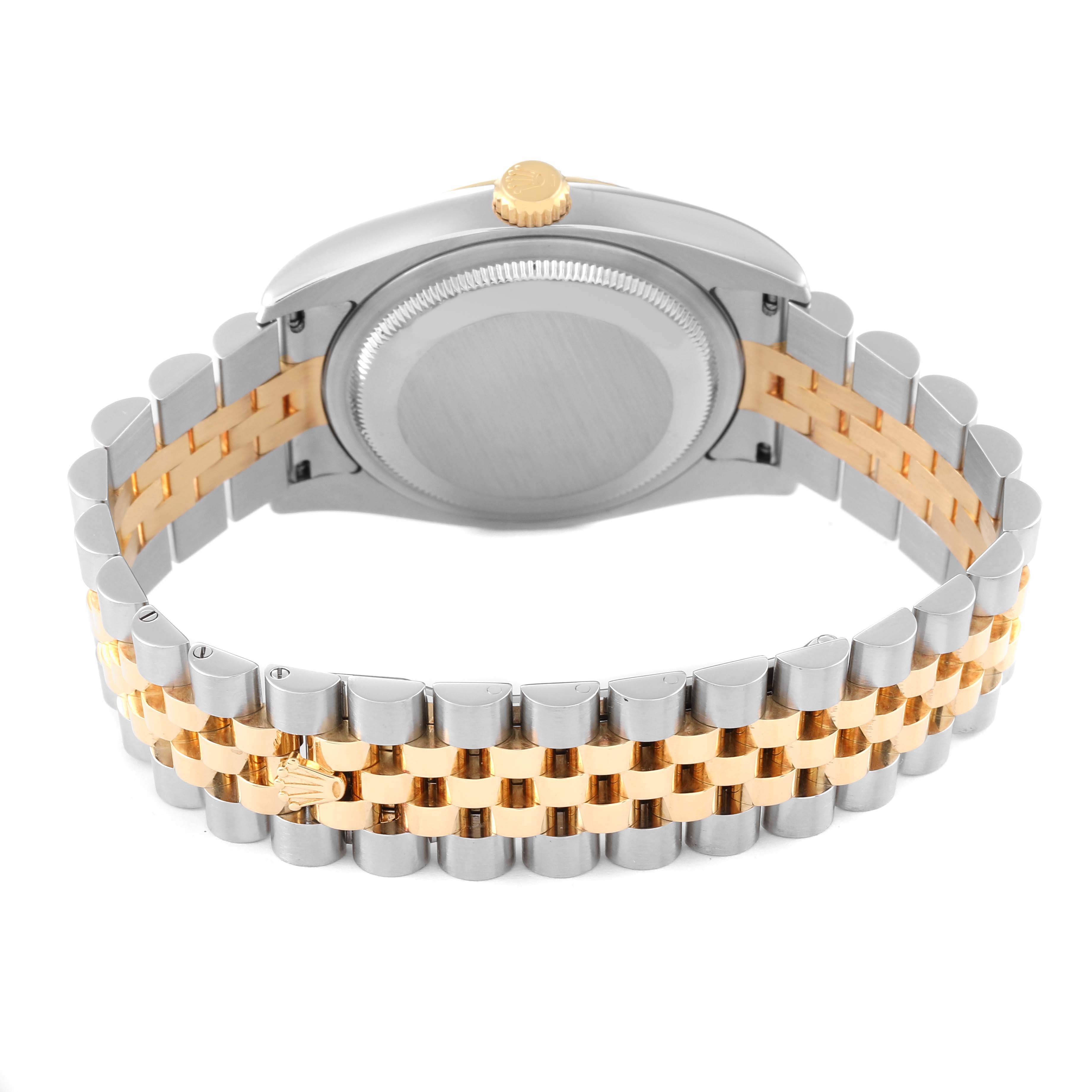 The image shows the back view of a Rolex Datejust 116233 Men's Steel and Gold (two tone) Silver Dial 116233 Men's Steel and Gold (two tone) Silver Dial watch, focusing on the case back and two-tone metal bracelet.