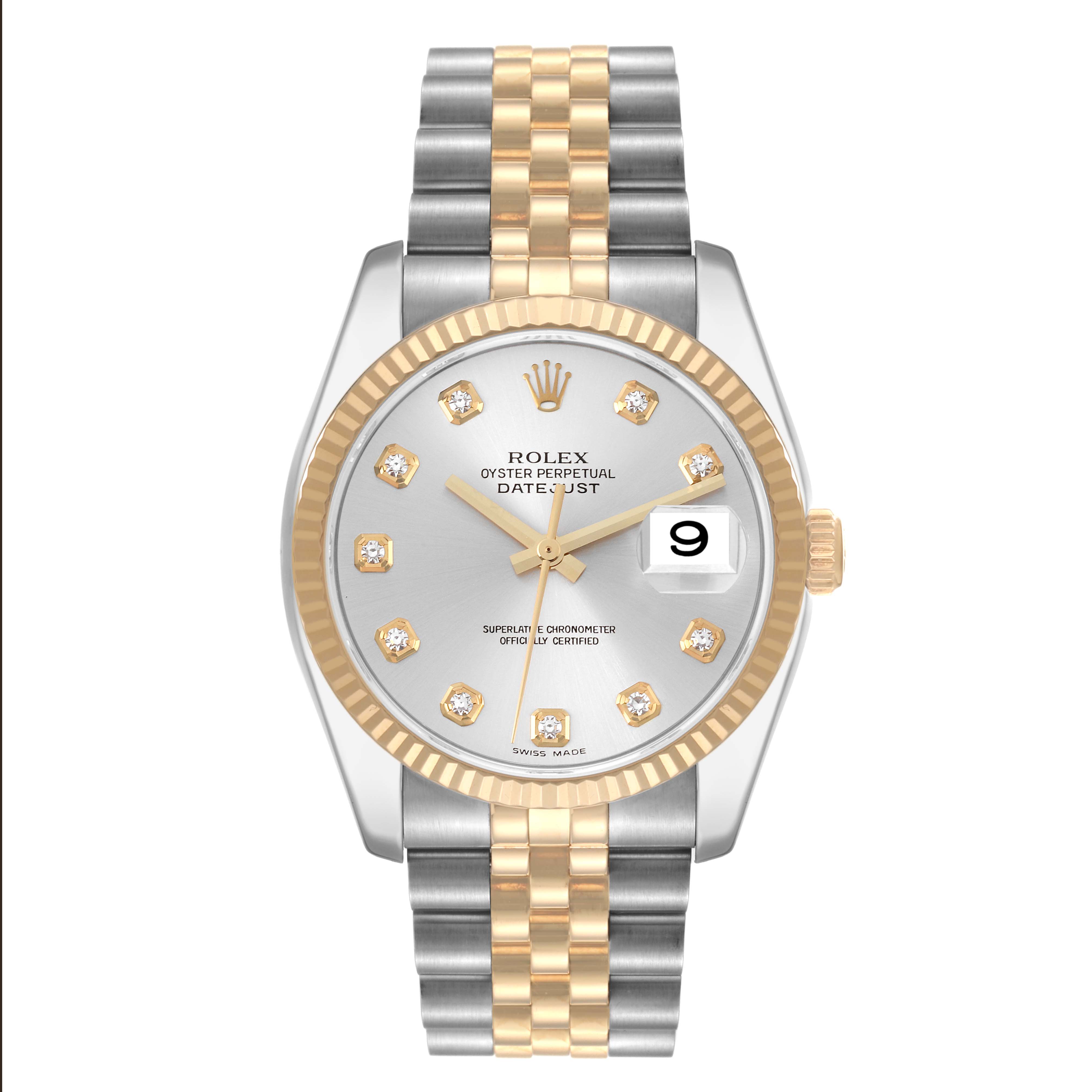 The Rolex Datejust 116233 Men's Steel and Gold (two tone) Silver Dial 116233 Men's Steel and Gold (two tone) Silver Dial watch is shown from a top-down angle, displaying the dial, bezel, and bracelet.