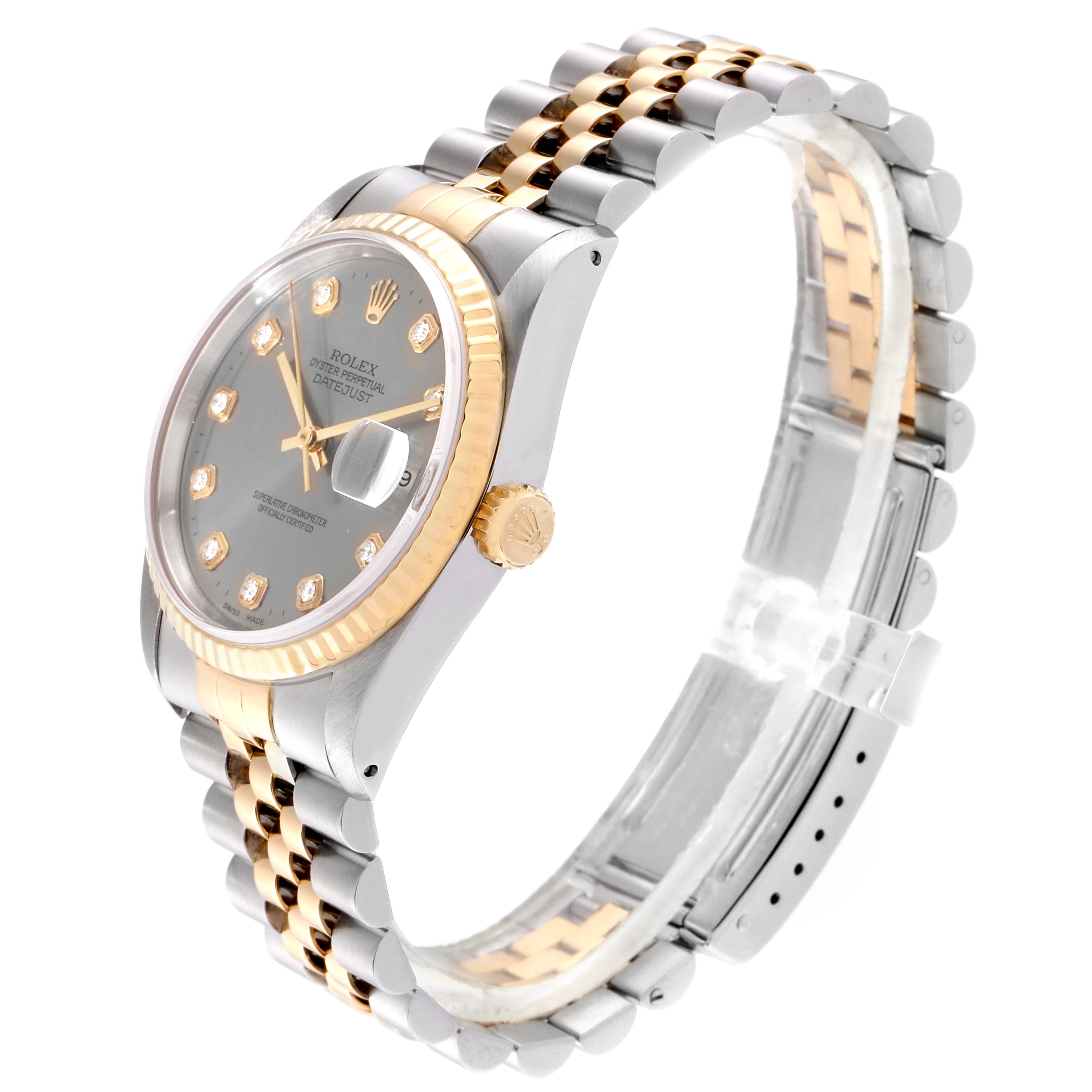 The image shows a Rolex Datejust 16233 Men
s Steel and Gold (two tone) Grey Dial 16233 Men
s Steel and Gold (two tone) Grey Dial watch at a three-quarter angle, highlighting the face, bezel, crown, and bracelet.