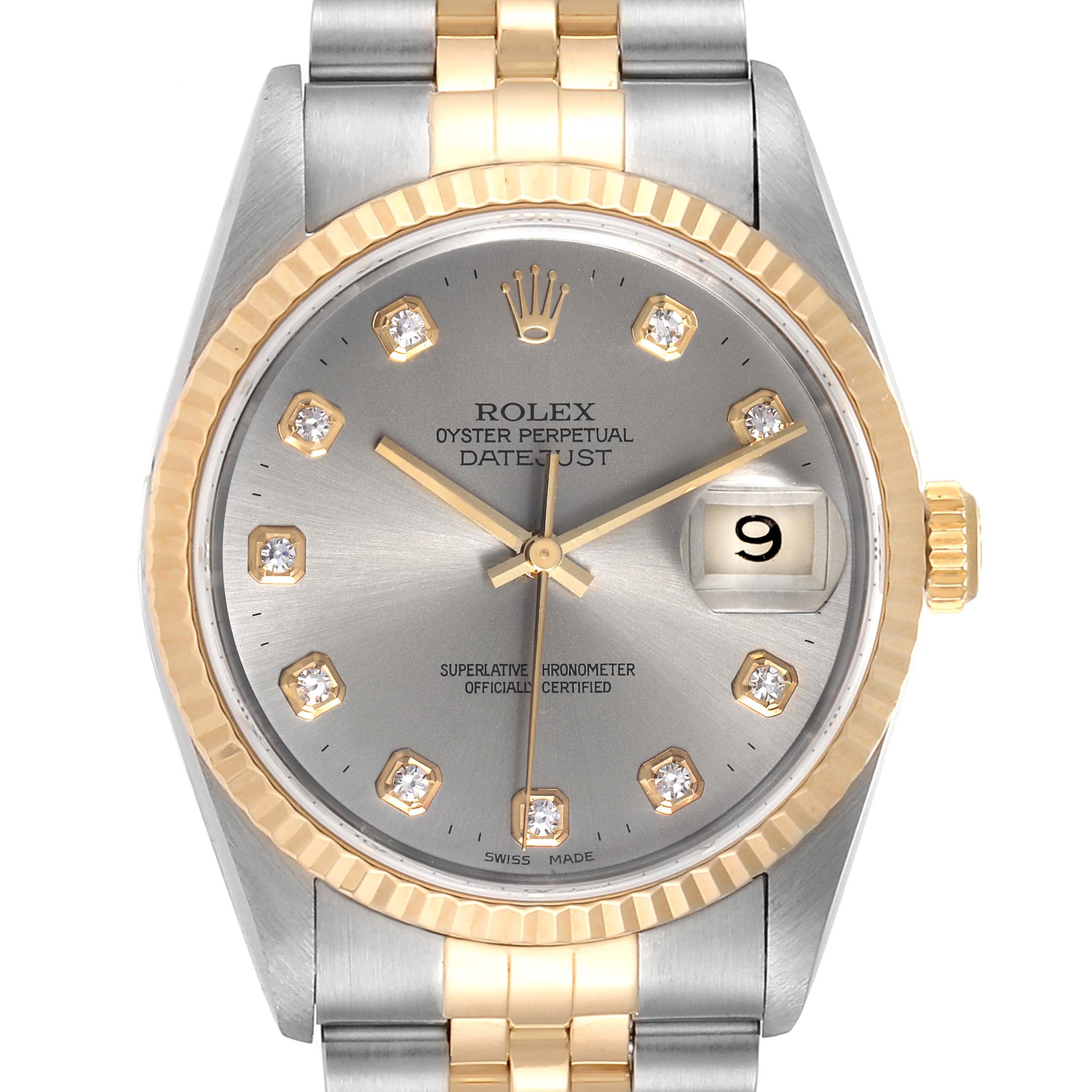 This image shows a front view of the Rolex Datejust 16233 Men
s Steel and Gold (two tone) Grey Dial 16233 Men
s Steel and Gold (two tone) Grey Dial watch, highlighting its dial, bezel, crown, and part of the bracelet.