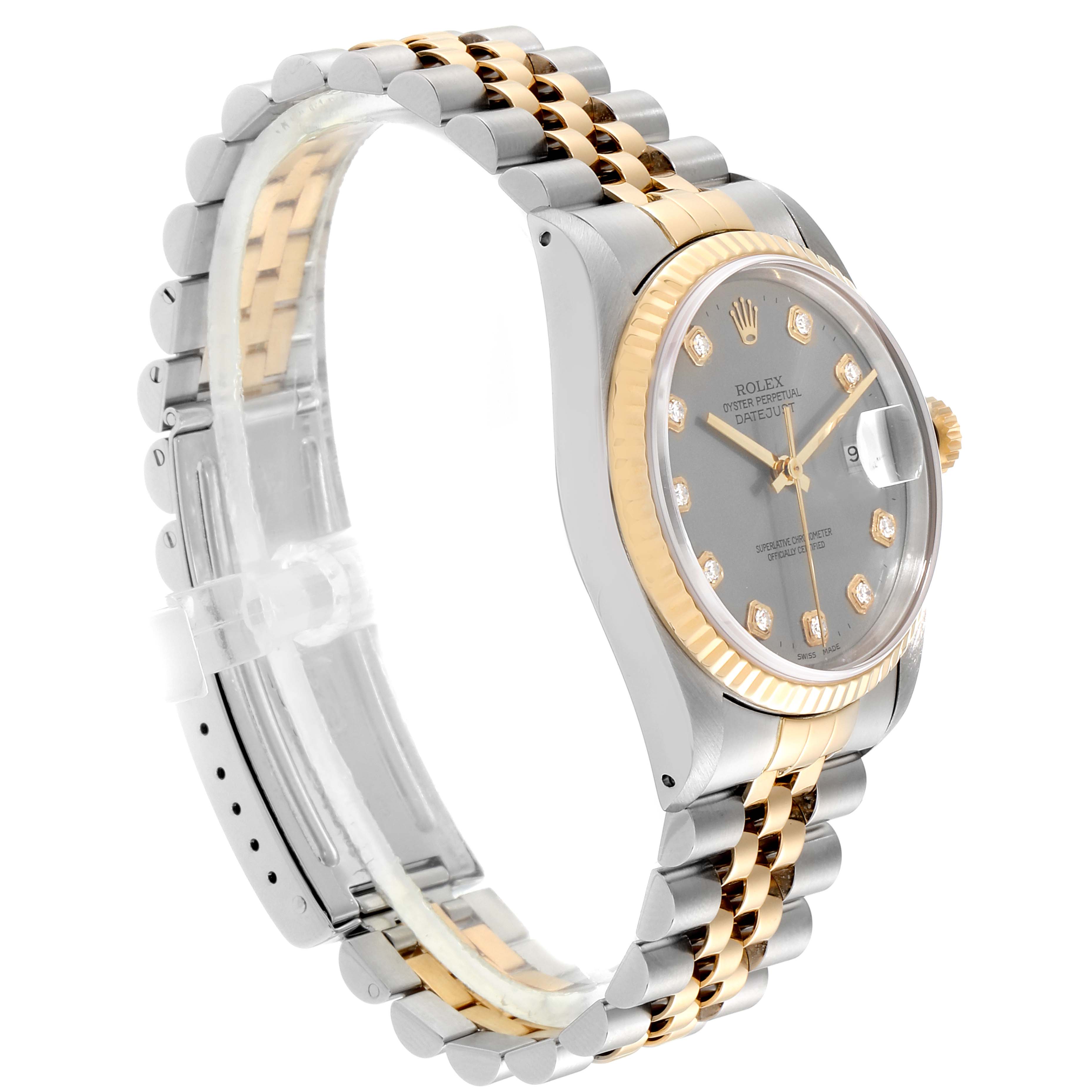 This Rolex Datejust 16233 Men
s Steel and Gold (two tone) Grey Dial 16233 Men
s Steel and Gold (two tone) Grey Dial watch is shown at an angle displaying the face, crown, and two-tone bracelet.