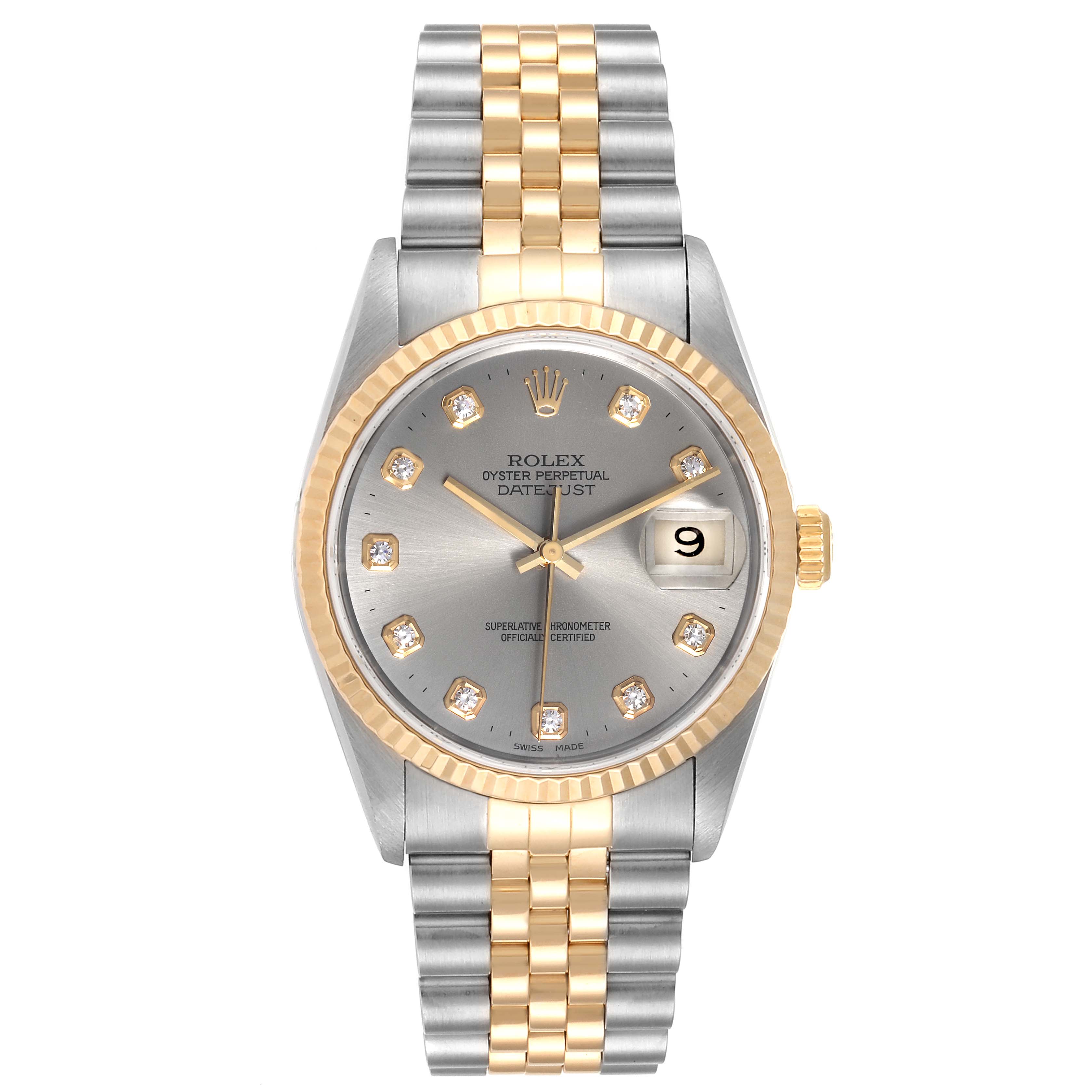 This image shows a Rolex Datejust 16233 Men
s Steel and Gold (two tone) Grey Dial 16233 Men
s Steel and Gold (two tone) Grey Dial watch from a front angle, highlighting the face, bezel, and two-tone bracelet.