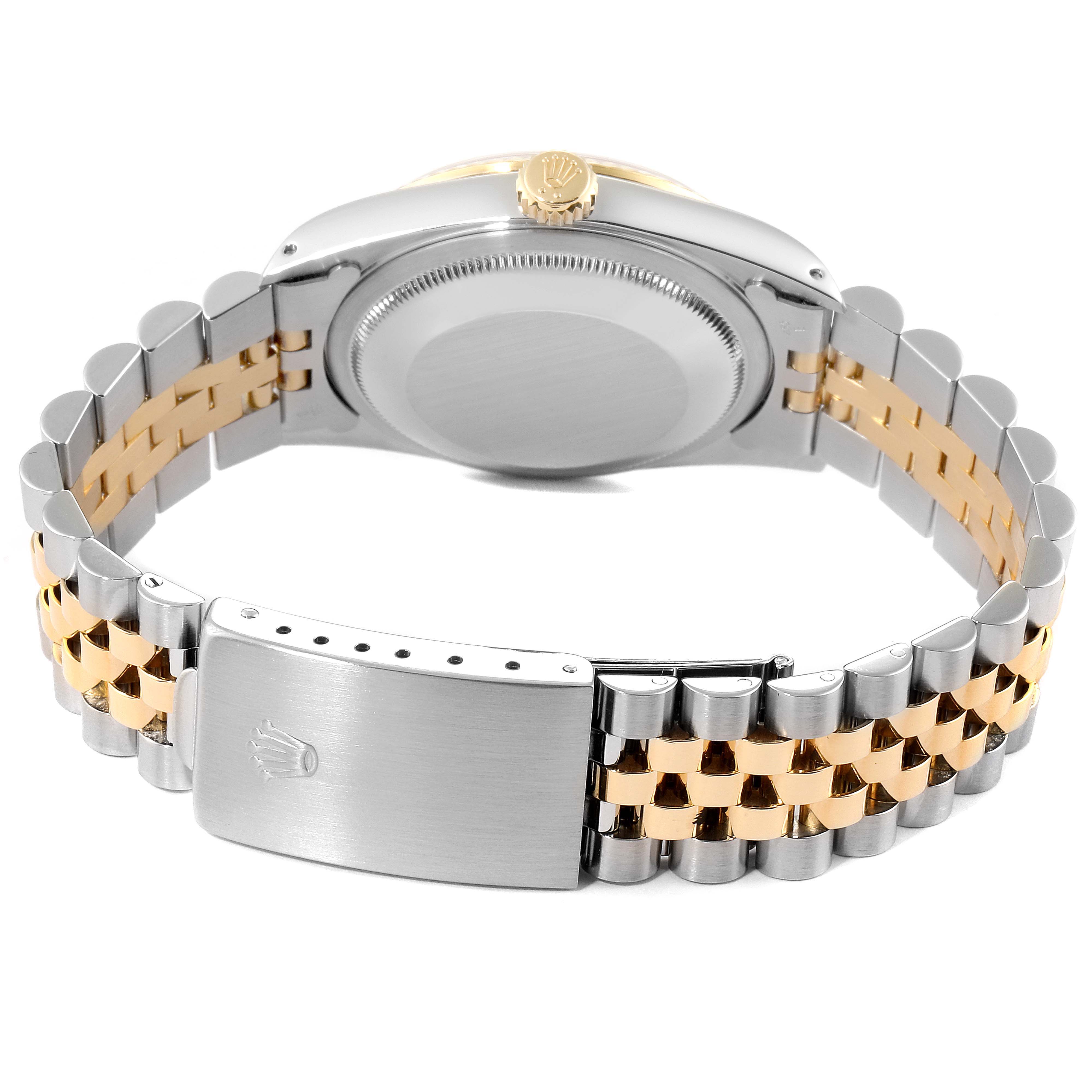 The image shows the back view of a Rolex Datejust 16233 Men
s Steel and Gold (two tone) Grey Dial 16233 Men
s Steel and Gold (two tone) Grey Dial watch, highlighting the case back and two-tone bracelet with a clasp.