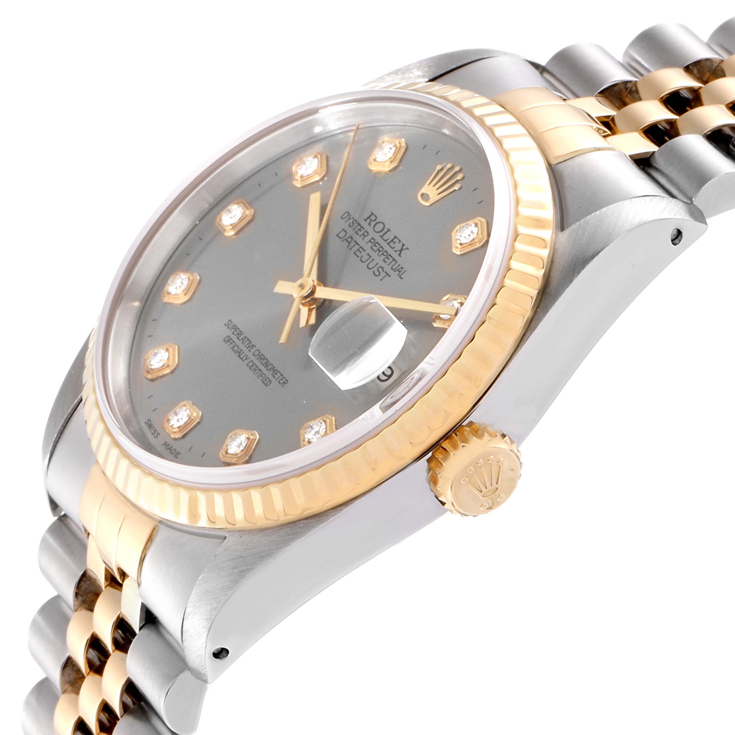 The image shows a Rolex Datejust 16233 Men
s Steel and Gold (two tone) Grey Dial 16233 Men
s Steel and Gold (two tone) Grey Dial watch at an angle highlighting the dial, bezel, crown, and part of the bracelet.