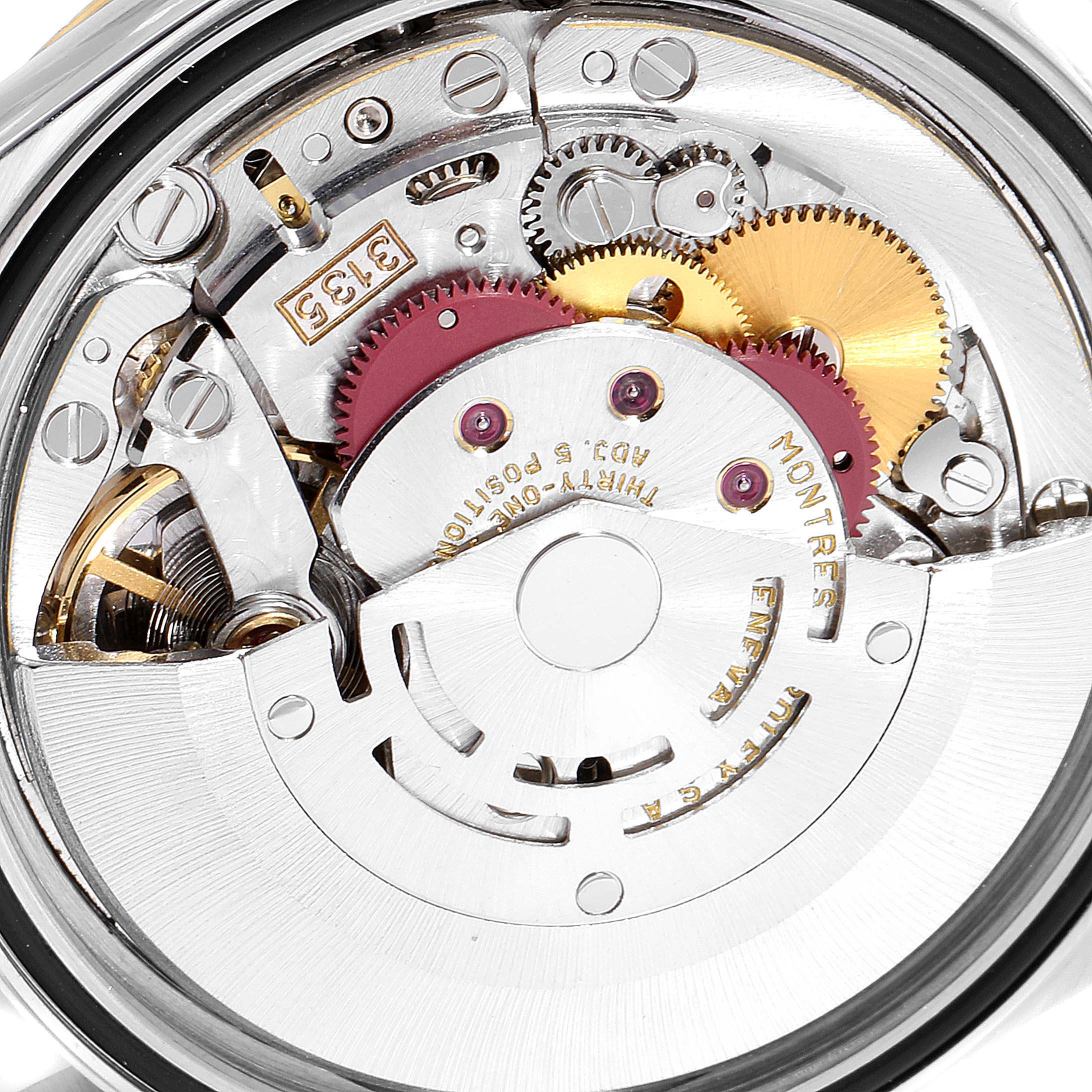 The image shows the internal mechanical movement of the Rolex Datejust 16233 Men
s Steel and Gold (two tone) Grey Dial 16233 Men
s Steel and Gold (two tone) Grey Dial model watch, viewed from the back.