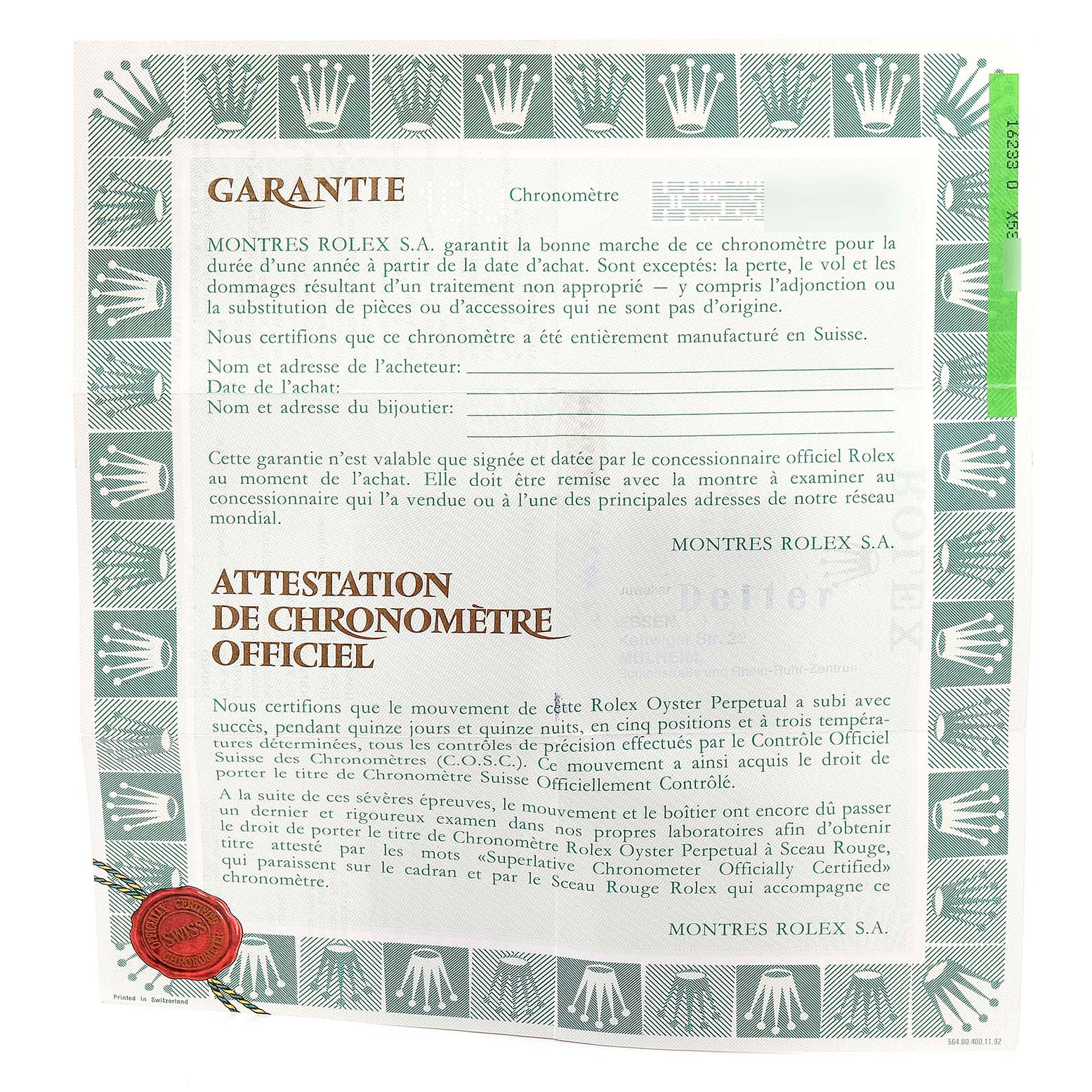 The image shows the warranty and chronometer certification for a Rolex Datejust 16233 Men
s Steel and Gold (two tone) Grey Dial 16233 Men
s Steel and Gold (two tone) Grey Dial watch.