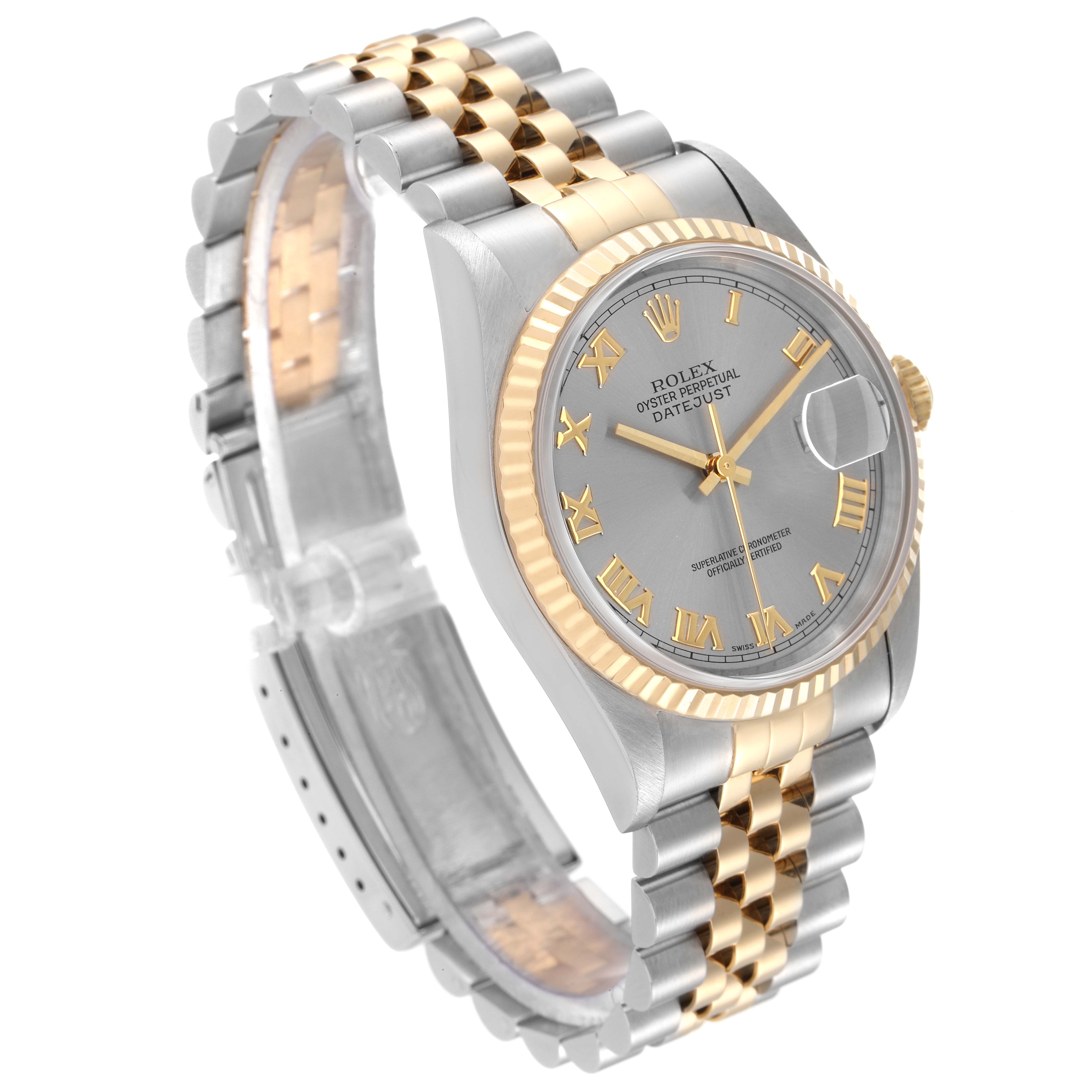 The image shows a Rolex Datejust 16233 Men
s Steel and Gold (two tone) Grey Dial 16233 Men
s Steel and Gold (two tone) Grey Dial watch from a three-quarter right angle, highlighting the dial, bezel, and bracelet.