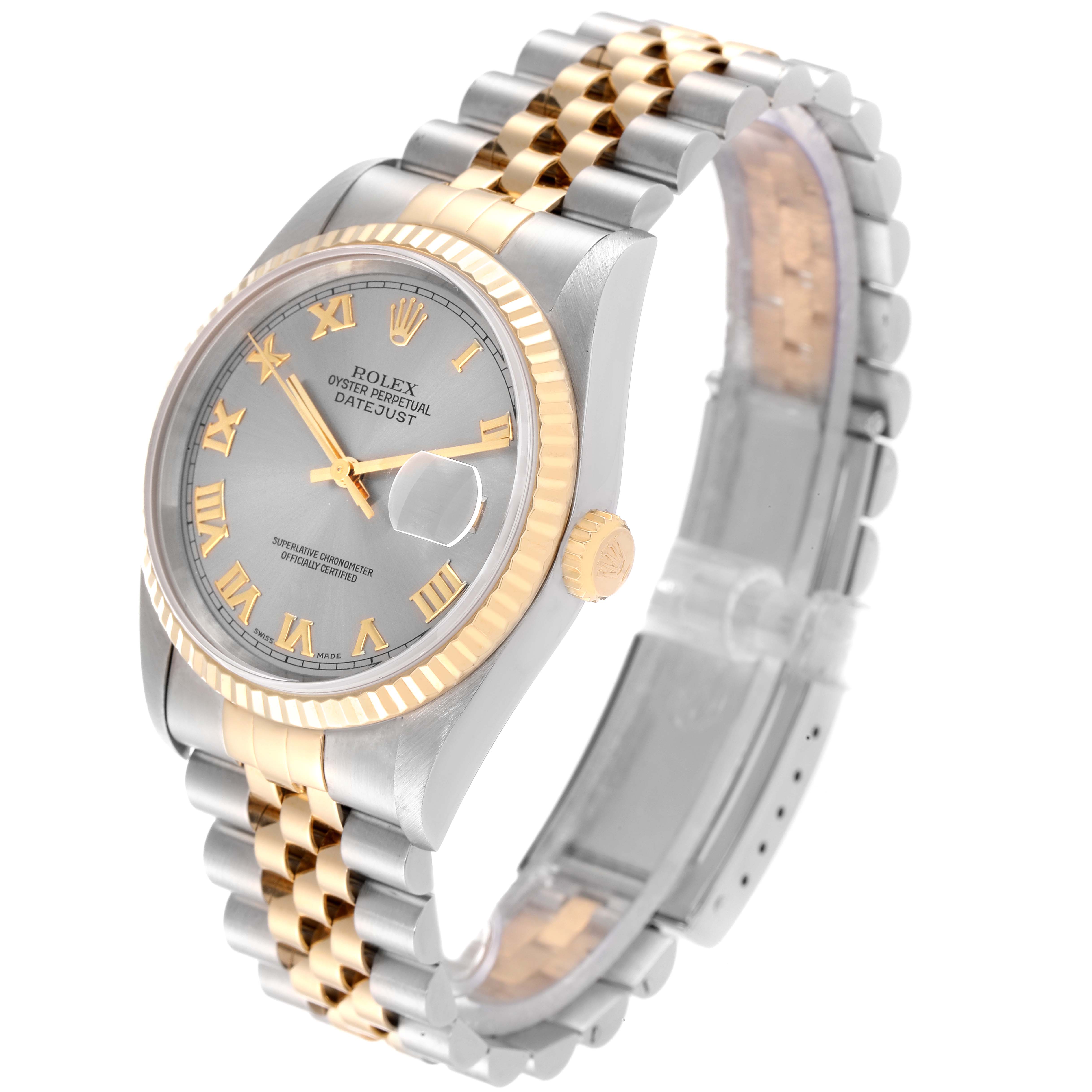 The image shows a Rolex Datejust 16233 Men
s Steel and Gold (two tone) Grey Dial 16233 Men
s Steel and Gold (two tone) Grey Dial watch at an angled view, highlighting the bracelet, dial, bezel, and crown.