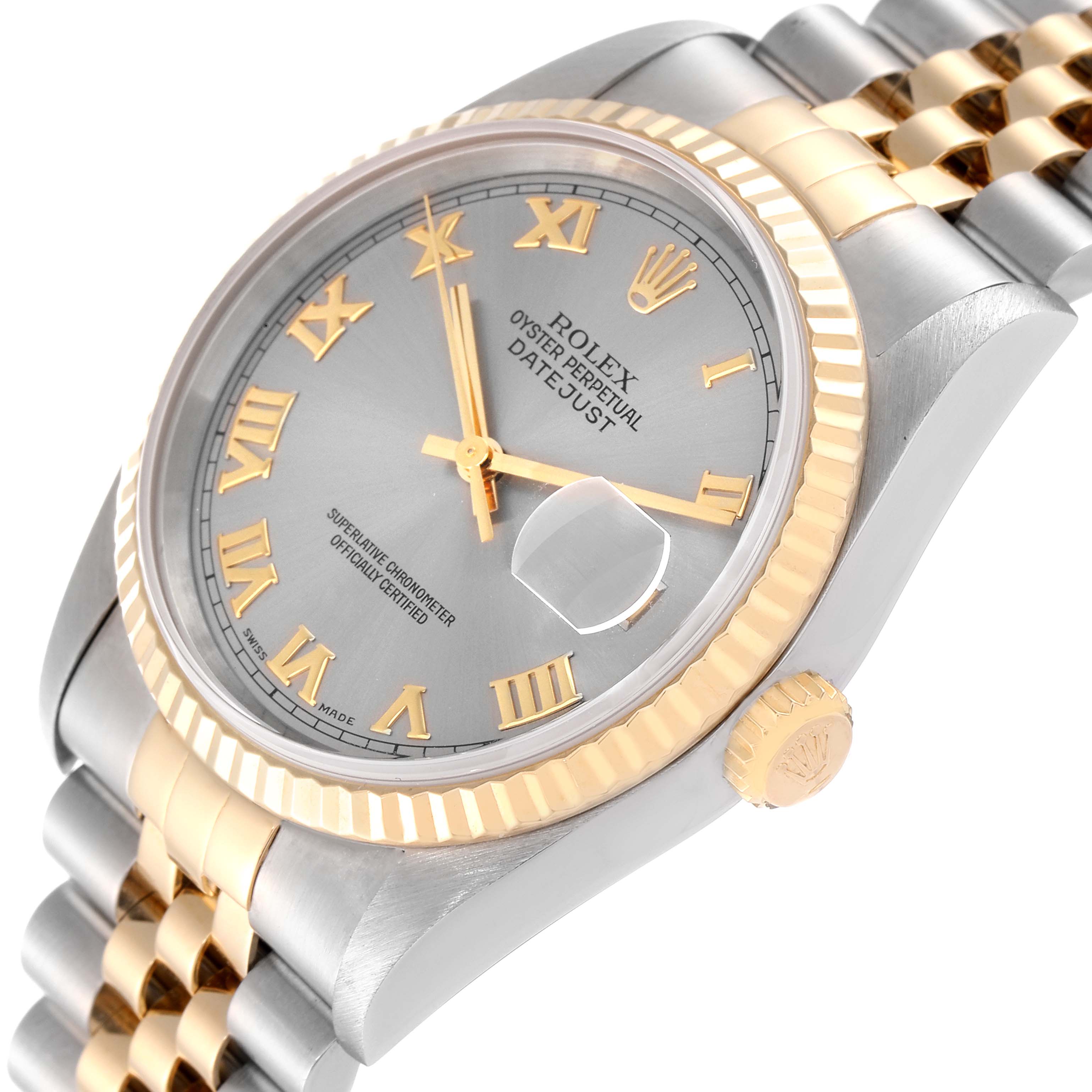 The image shows a close-up angled view of a Rolex Datejust 16233 Men
s Steel and Gold (two tone) Grey Dial 16233 Men
s Steel and Gold (two tone) Grey Dial watch, highlighting its dial, fluted bezel, crown, and two-tone bracelet.