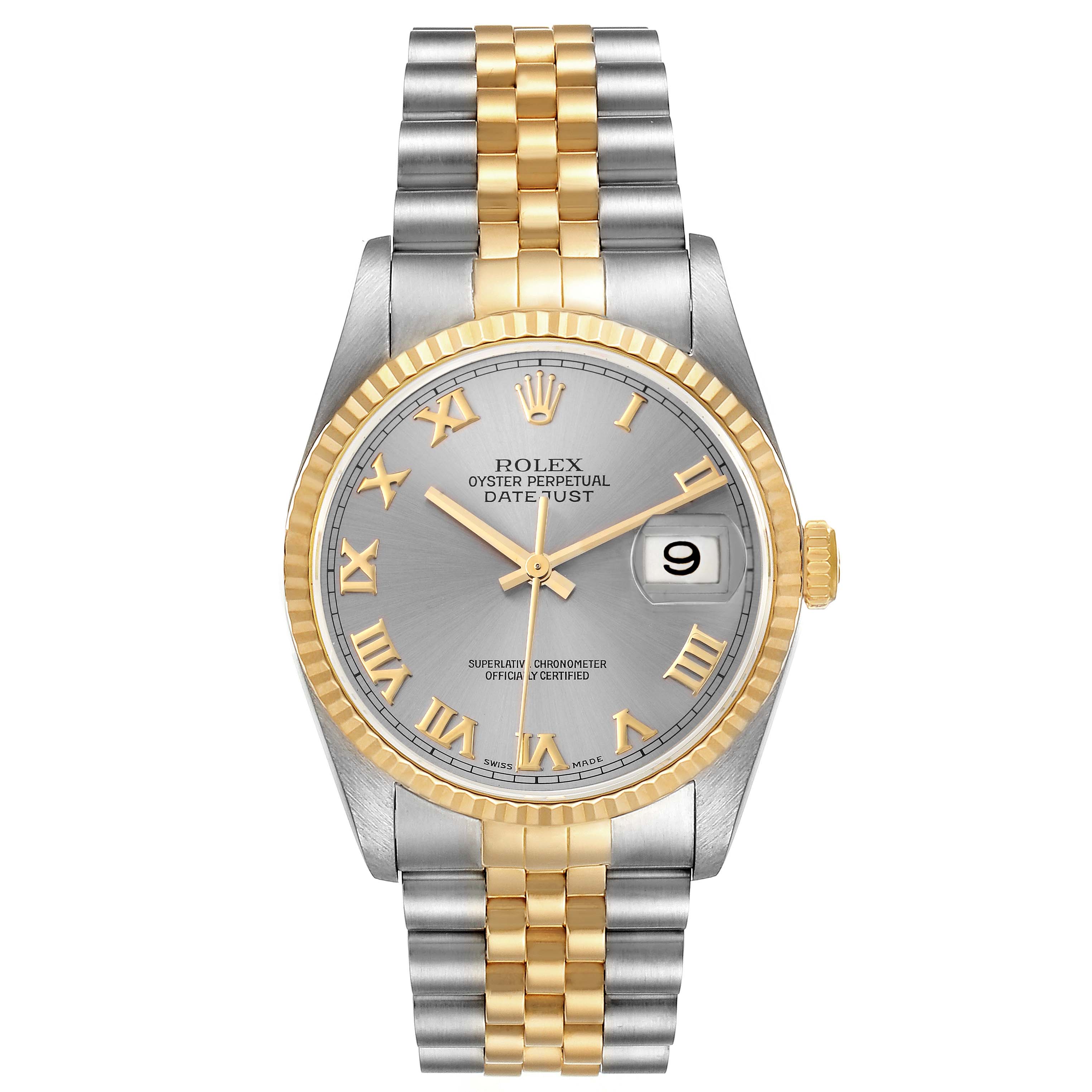 This is a front view of a Rolex Datejust 16233 Men
s Steel and Gold (two tone) Grey Dial 16233 Men
s Steel and Gold (two tone) Grey Dial watch, showing the dial, bezel, bracelet, and crown.