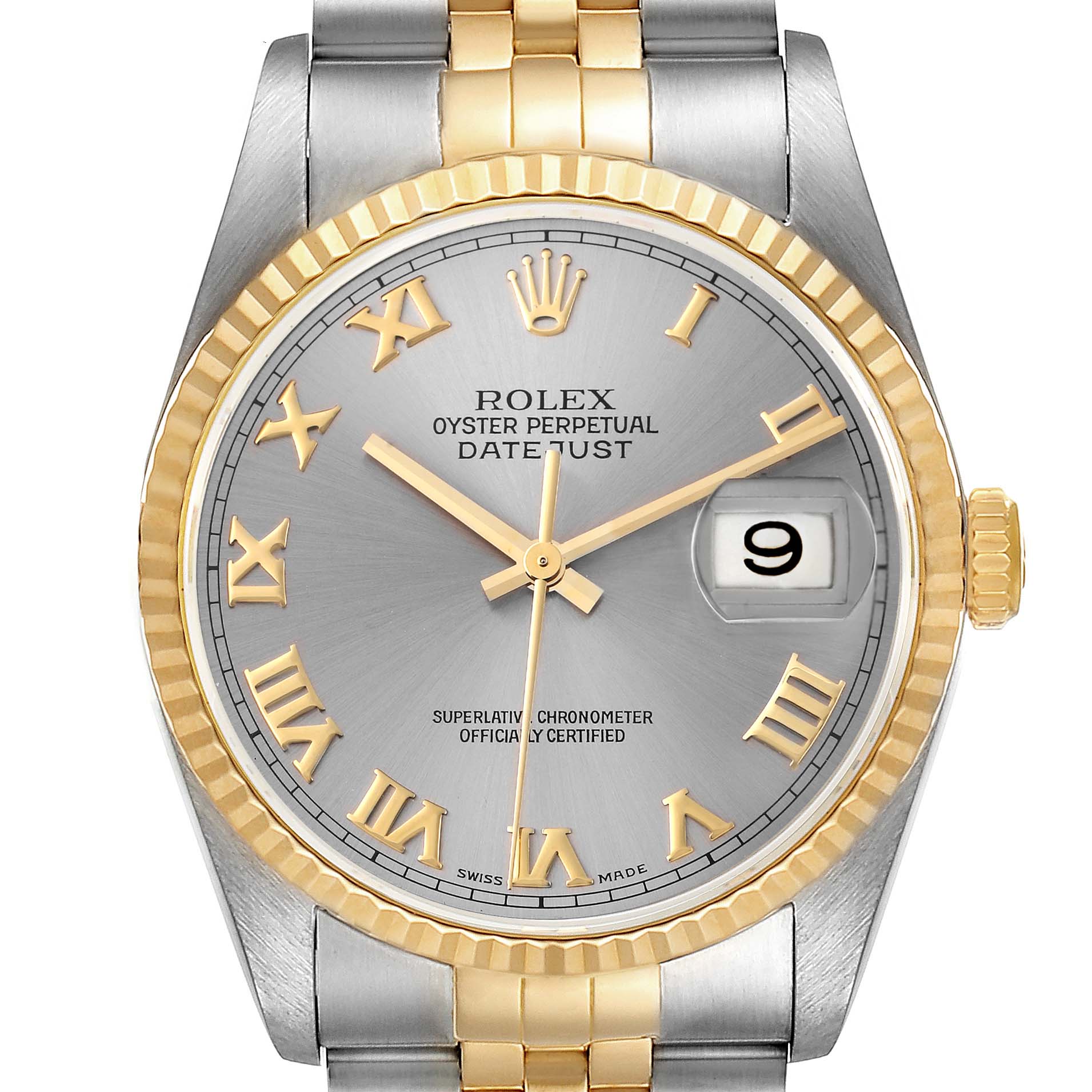 This image shows a front view of the Rolex Datejust 16233 Men
s Steel and Gold (two tone) Grey Dial 16233 Men
s Steel and Gold (two tone) Grey Dial watch, displaying the dial, bezel, bracelet, and crown.