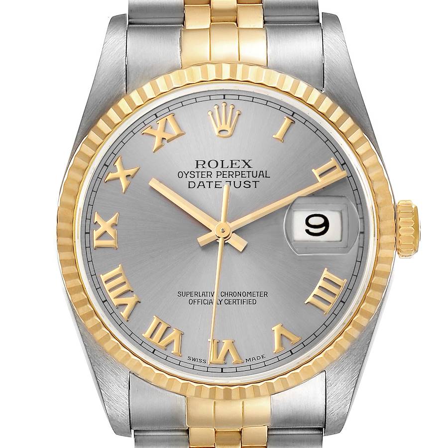 This image shows a front view of the Rolex Datejust watch, displaying the dial, bezel, bracelet, and crown.