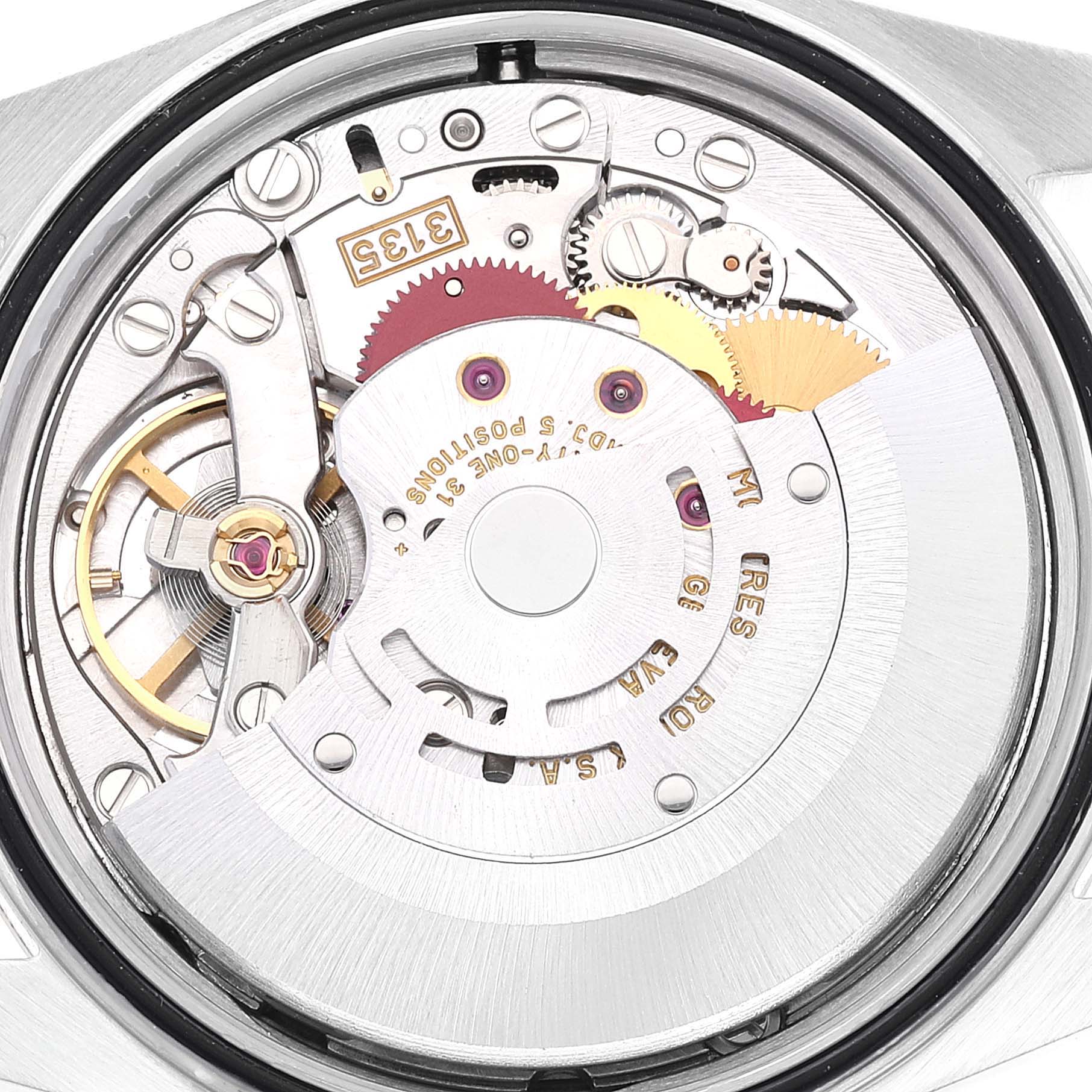 This image shows the internal movement mechanism of a Rolex Datejust 16233 Men
s Steel and Gold (two tone) Grey Dial 16233 Men
s Steel and Gold (two tone) Grey Dial watch, captured at a close-up angle.