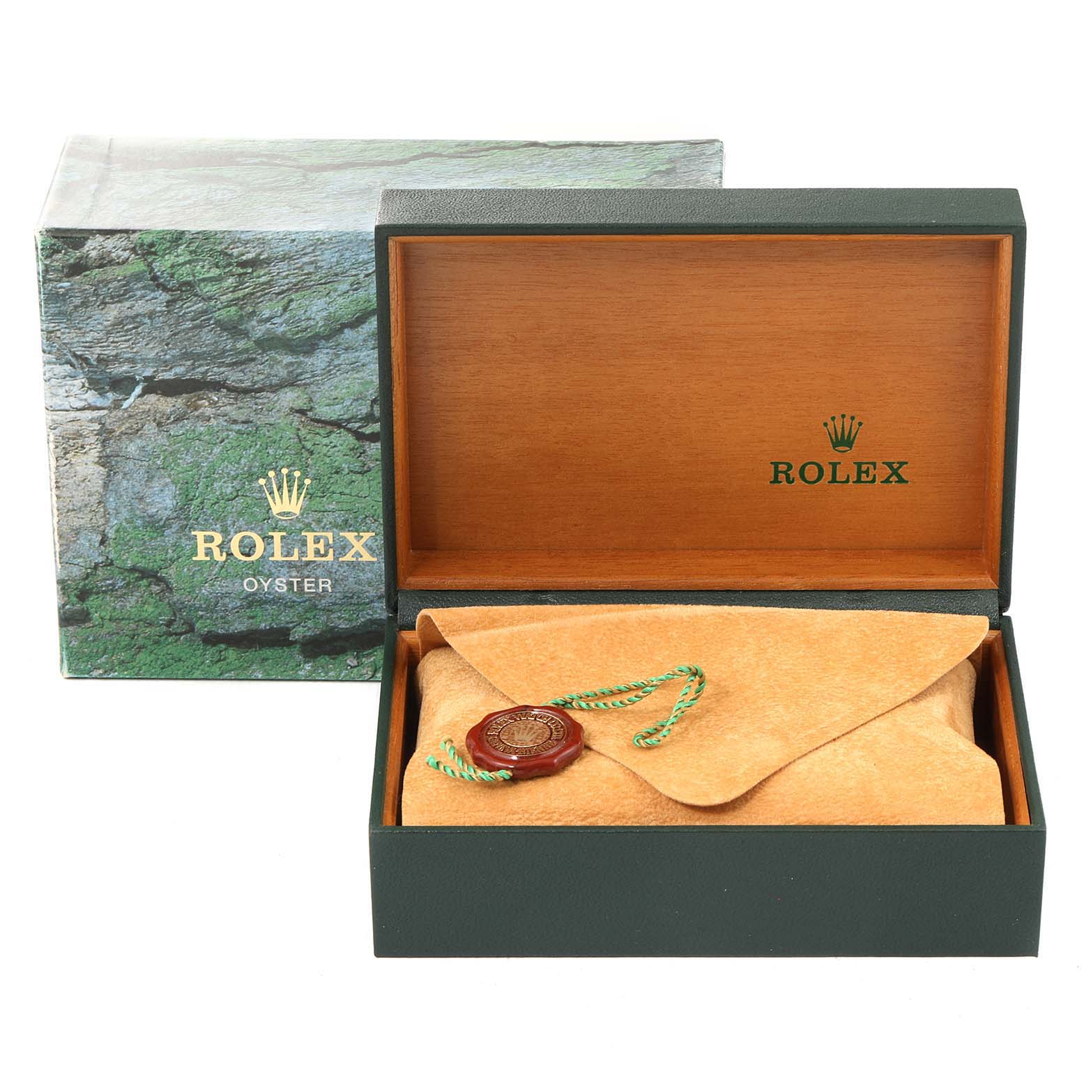 The image shows a Rolex Datejust 16233 Men's Steel and Gold (two tone) White Dial 16233 Men's Steel and Gold (two tone) White Dial watch box and packaging, including an outer box, inner wooden box, suede pouch, and seal.