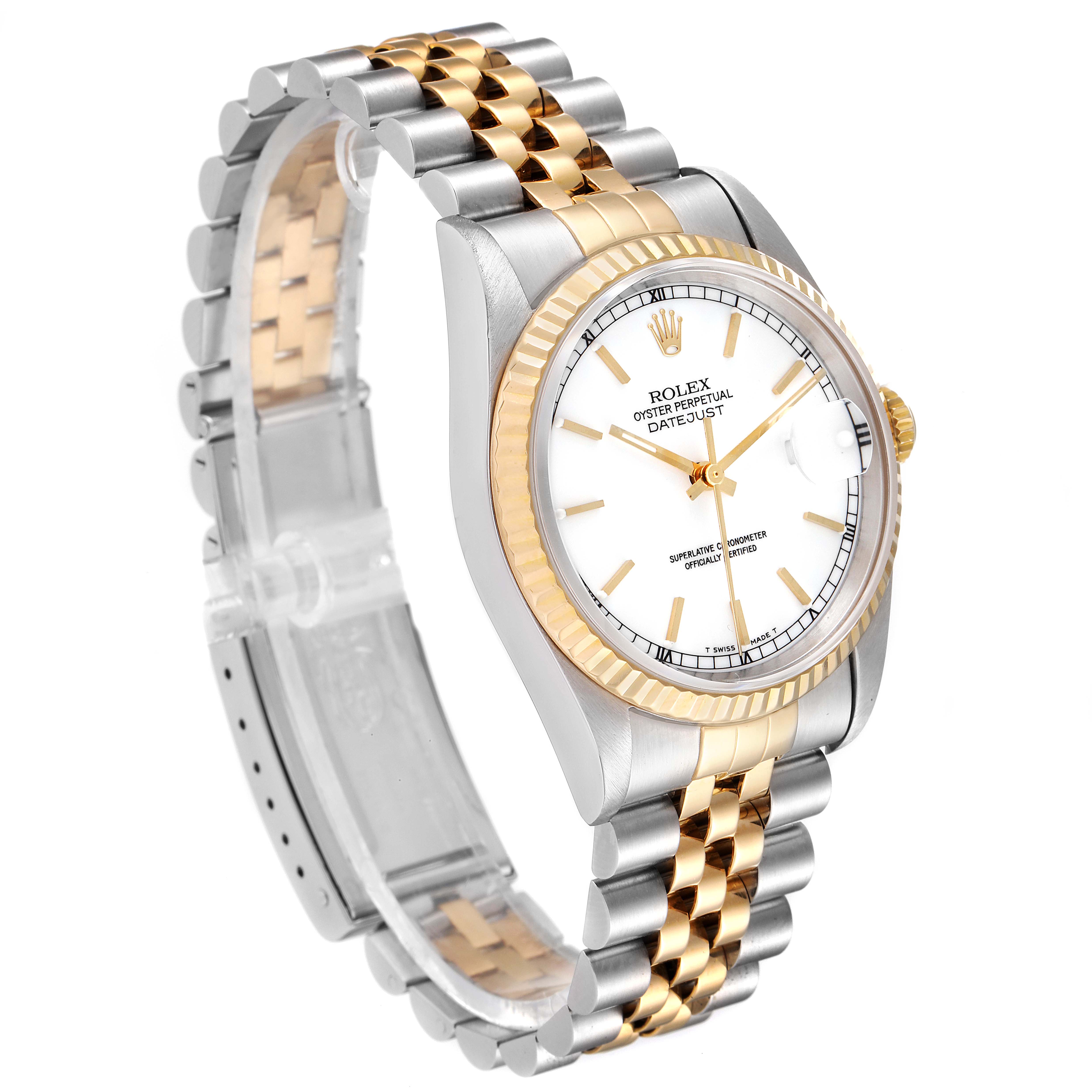 The Rolex Datejust 16233 Men's Steel and Gold (two tone) White Dial 16233 Men's Steel and Gold (two tone) White Dial watch is shown at an angled side view, highlighting its gold and stainless steel jubilee bracelet and fluted bezel.