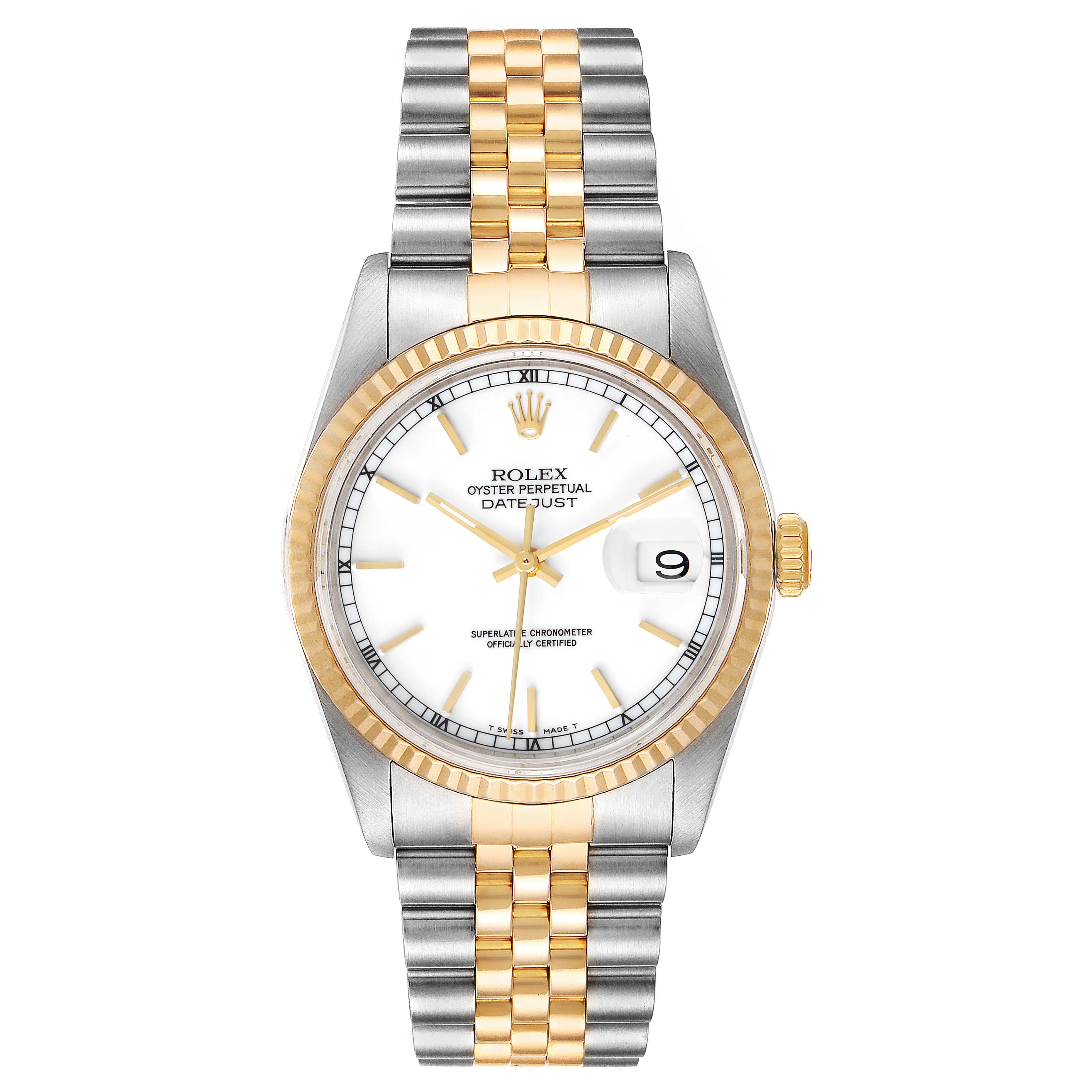 The image shows a frontal view of a Rolex Datejust 16233 Men's Steel and Gold (two tone) White Dial 16233 Men's Steel and Gold (two tone) White Dial watch displaying its face, bracelet, and bezel.
