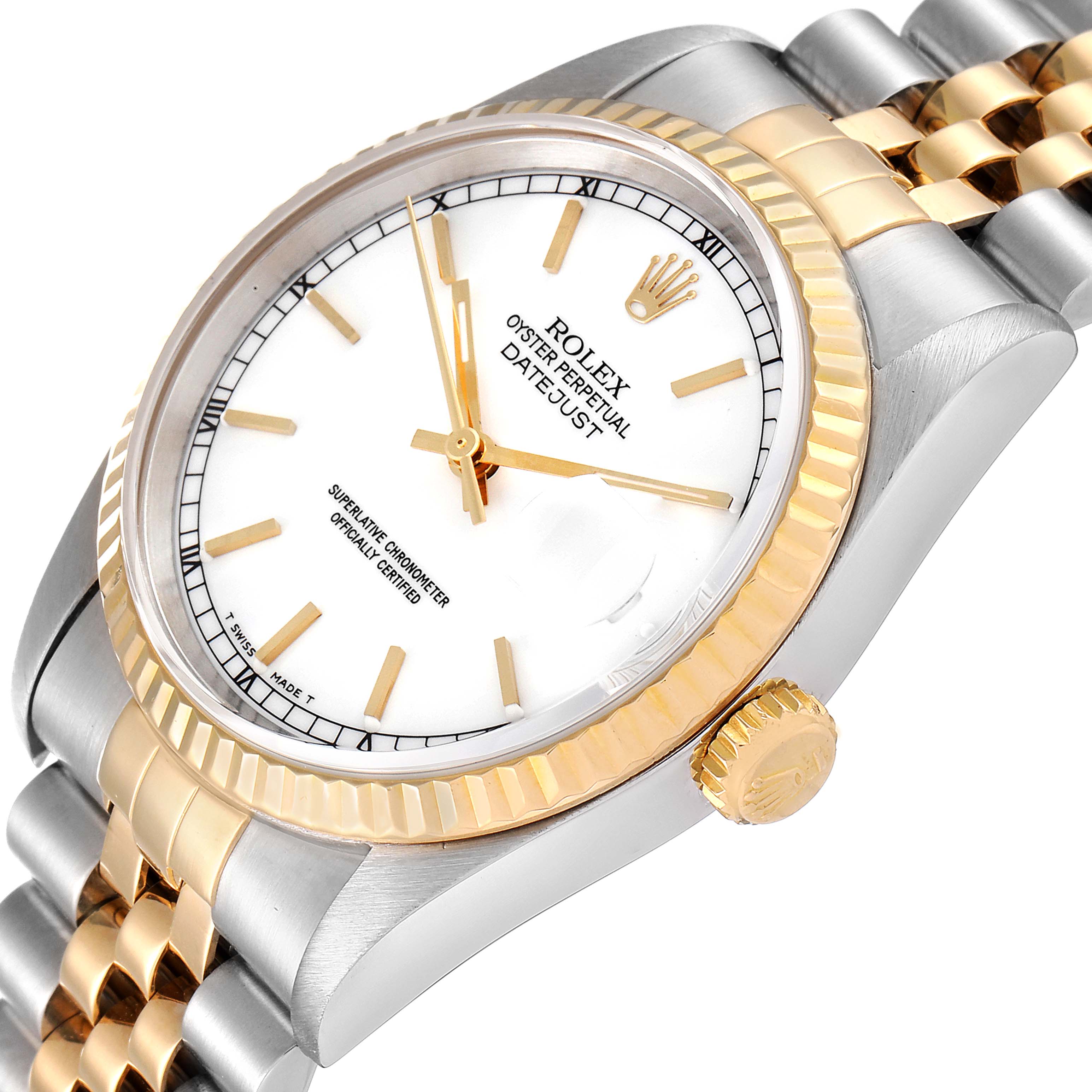 The image shows a Rolex Datejust 16233 Men's Steel and Gold (two tone) White Dial 16233 Men's Steel and Gold (two tone) White Dial watch at a slight angle, highlighting its dial, bezel, crown, and part of the bracelet.