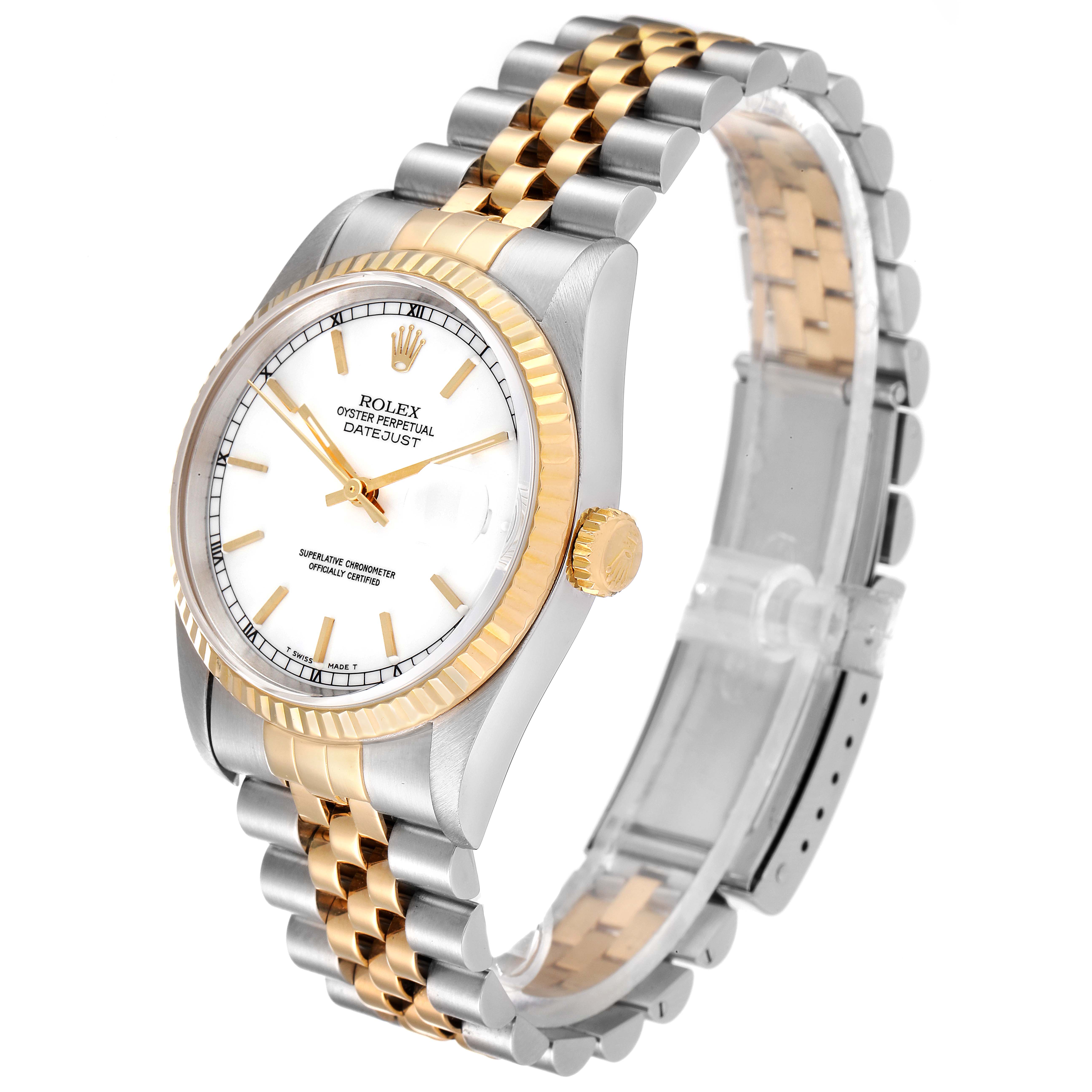 The image shows a Rolex Datejust 16233 Men's Steel and Gold (two tone) White Dial 16233 Men's Steel and Gold (two tone) White Dial watch from a front angle, displaying the dial, bezel, case, and bracelet.