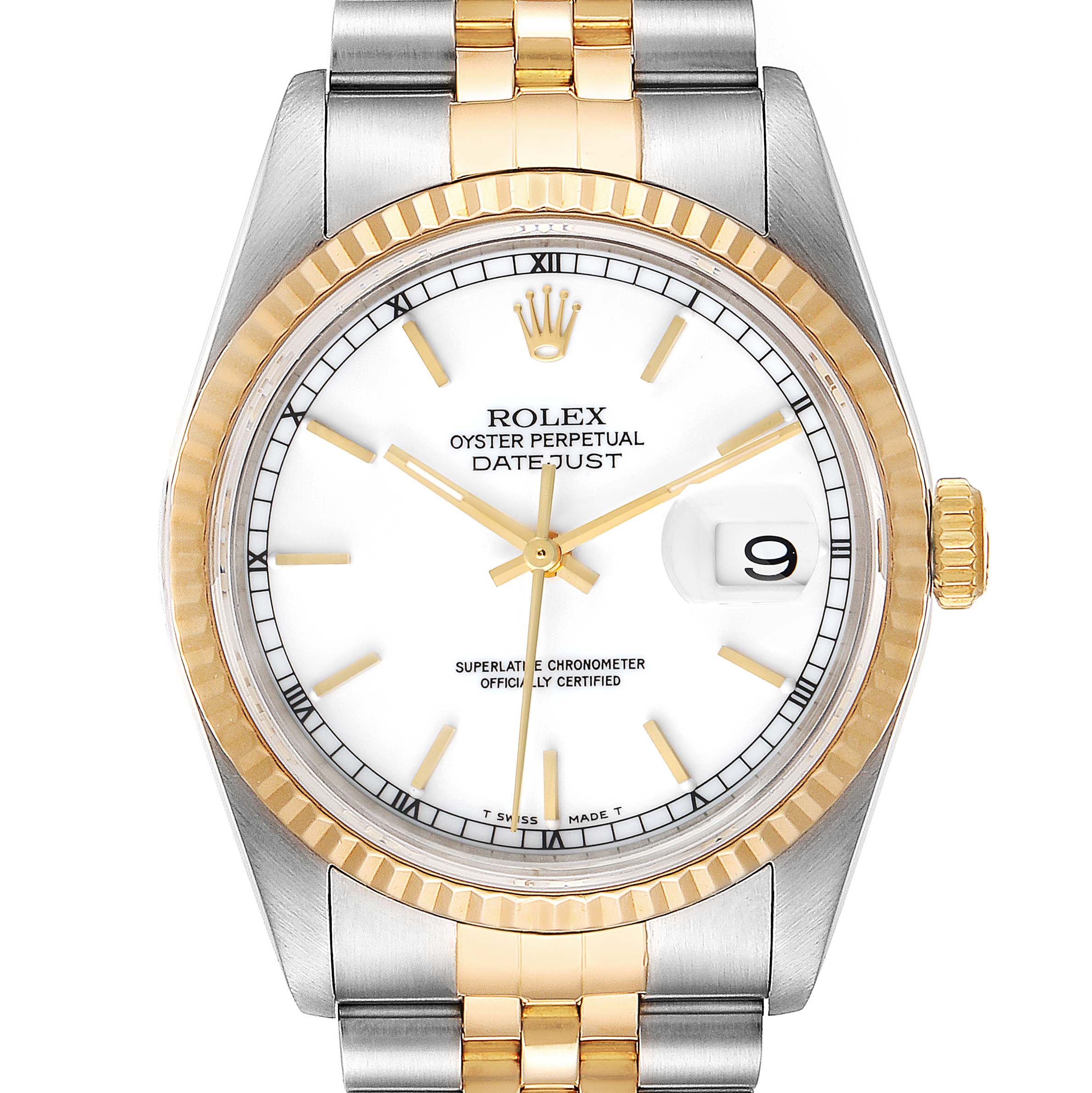 The image shows a front view of the Rolex Datejust 16233 Men's Steel and Gold (two tone) White Dial 16233 Men's Steel and Gold (two tone) White Dial watch, highlighting the bezel, dial, hands, date, and part of the bracelet.